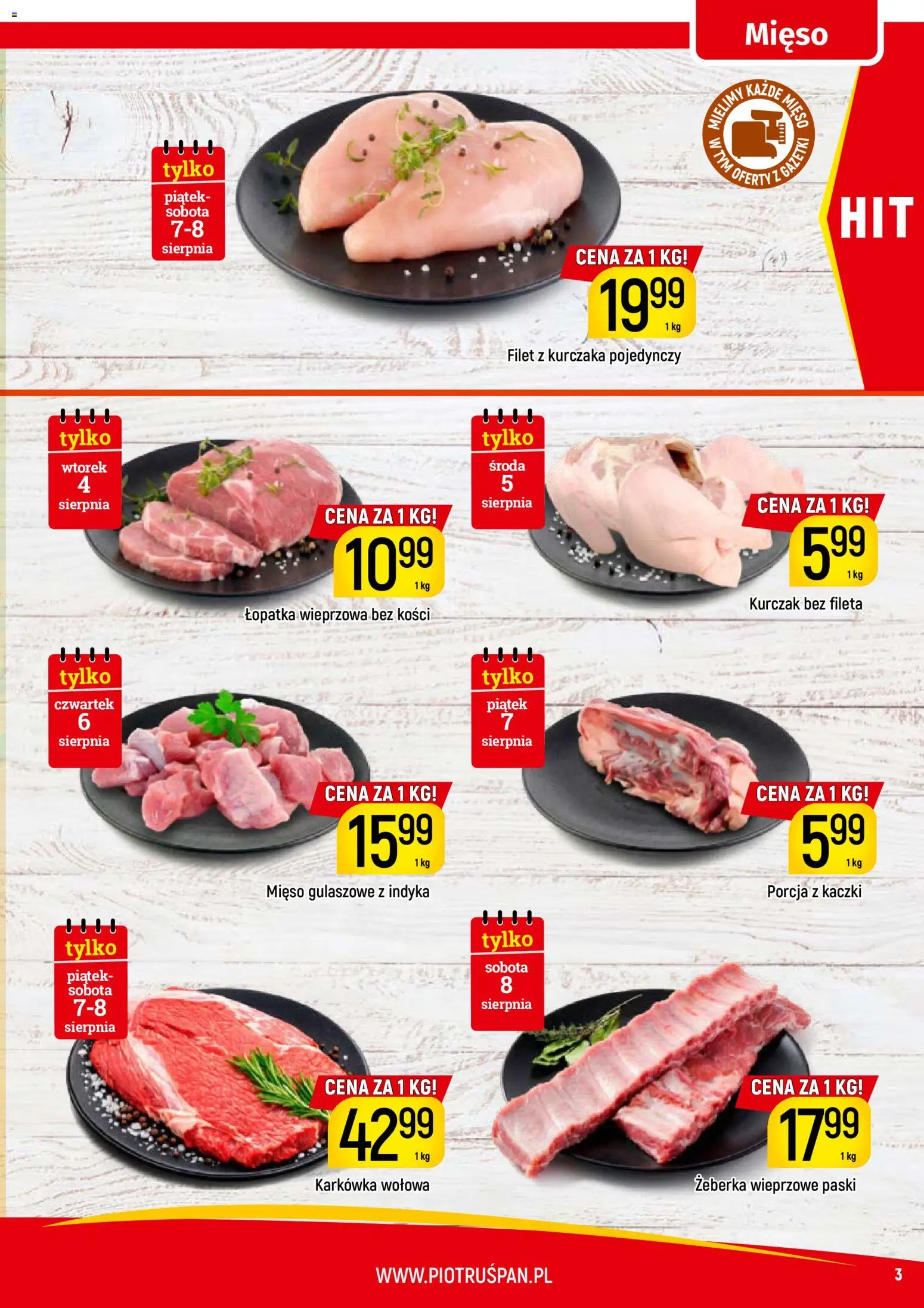 Piotruś Pan gazetka od 04.08.2026 | Strona: 3 | Produkty: Karkówka, Mięso, Filet z kurczaka, Łopatka wieprzowa