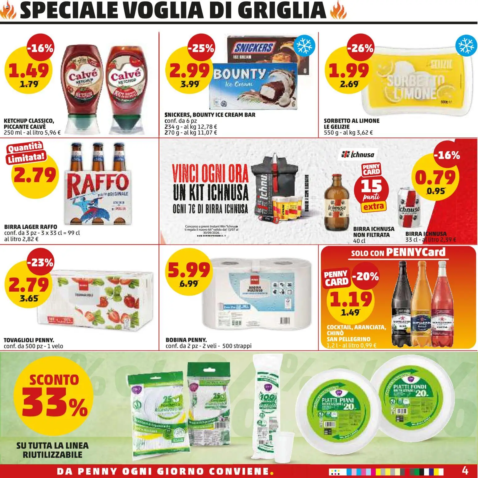 Volantino PENNY del 30/07/2026 | Pagina: 4 | Prodotti: Birra, Ketchup, Sorbetto, Griglia