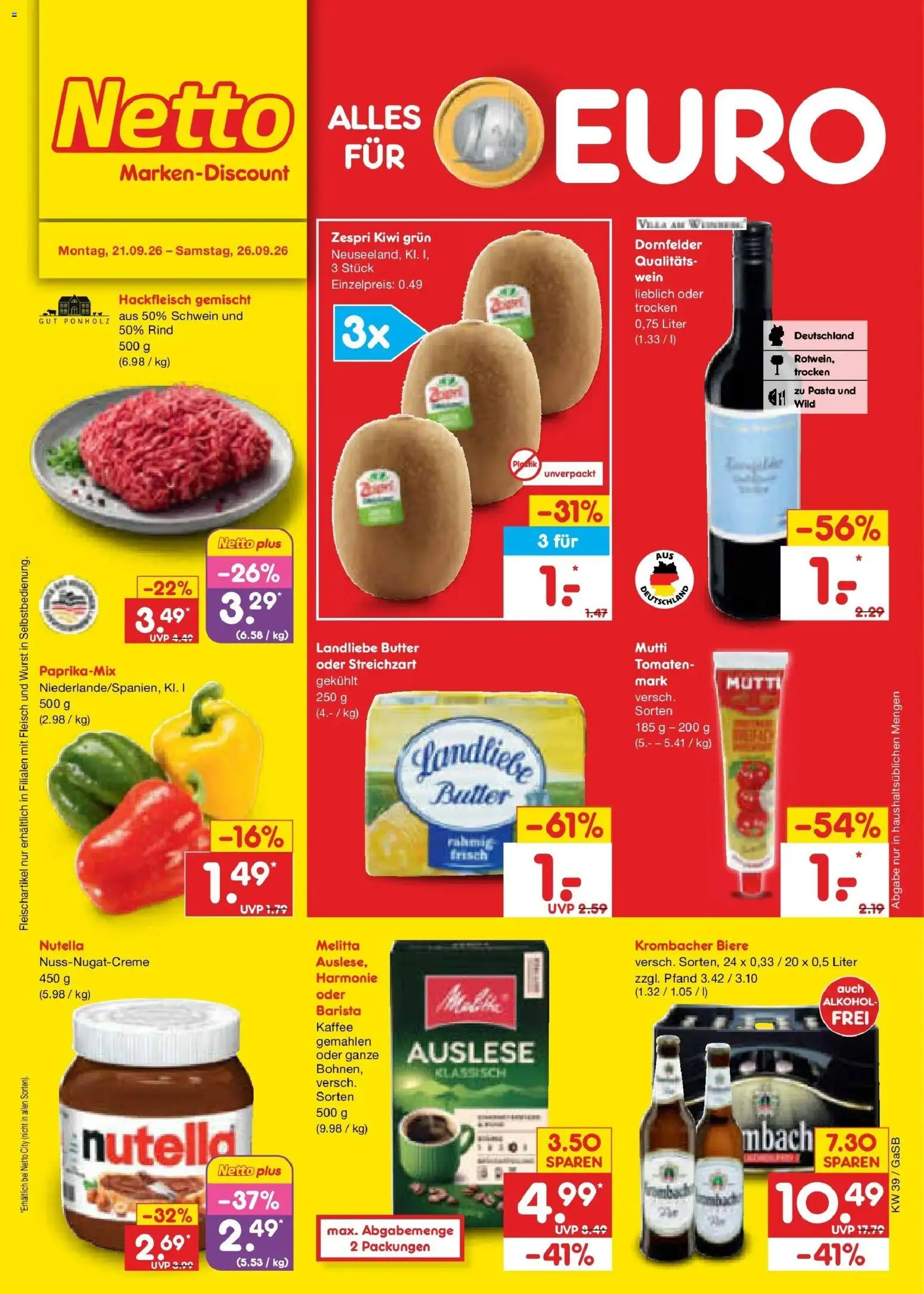 Netto Marken-Discount Prospekt Oldenburg – gültig ab 21.09.2026 | Seite: 1 | Produkte: Melitta, Wurst, Kiwi, Fleisch