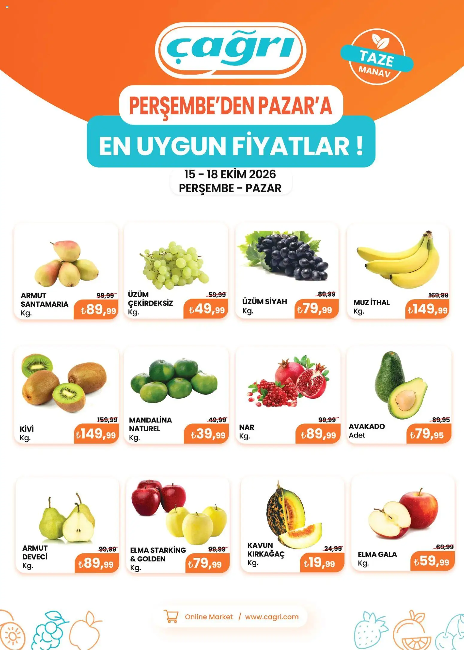 Çağrı Market - Manav Katalog - 15 Ekim 2026 tarihinden itibaren geçerlidir | Sayfa: 1 | Ürünler: Elma, Muz, Kivi, Üzüm