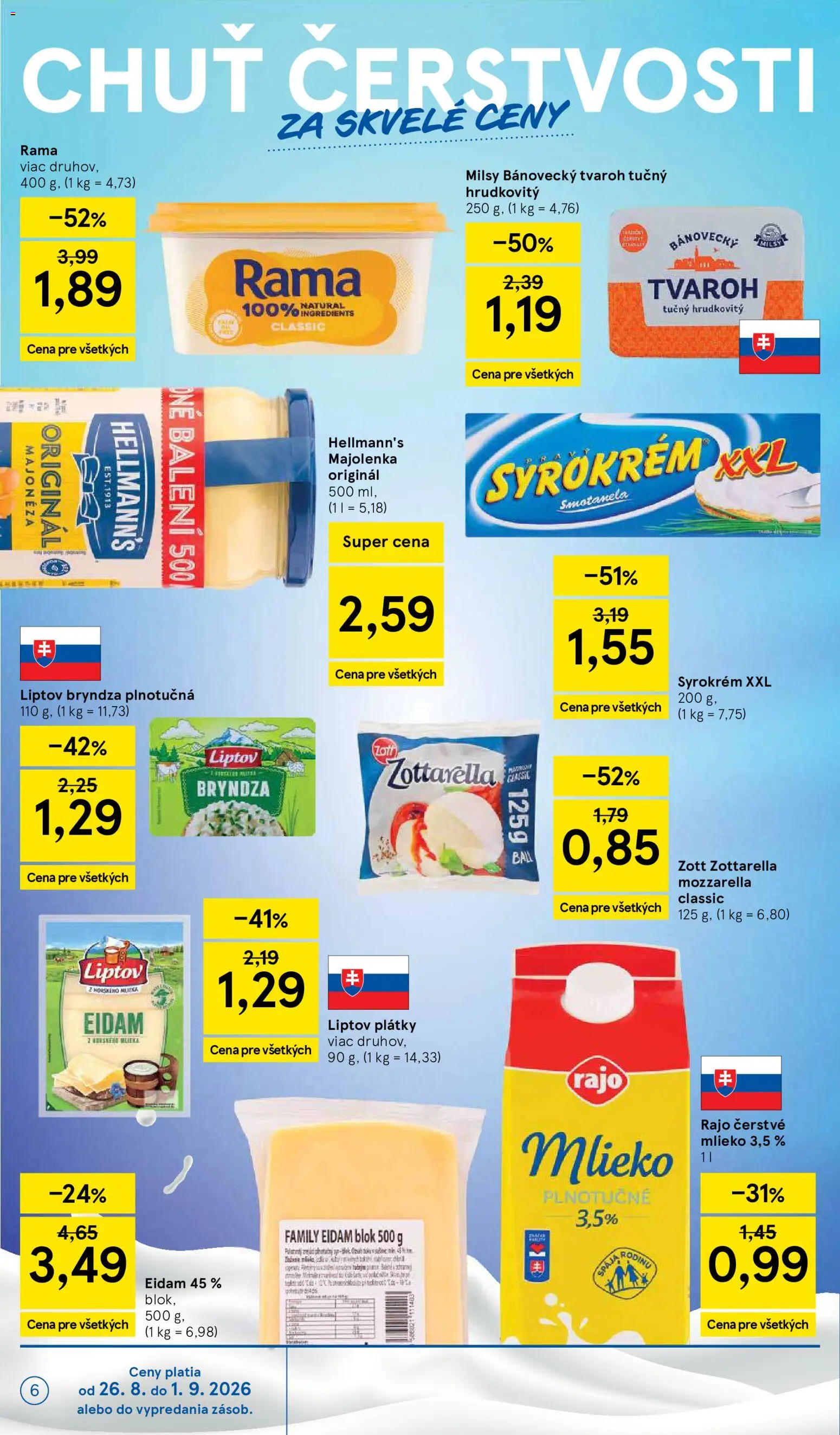 Nové Tesco akcie – leták je platný od 26.08.2026 | Strana: 6 | Produkty: Eidam, Mozzarella, Mlieko 3,5 %, Tvaroh tučný