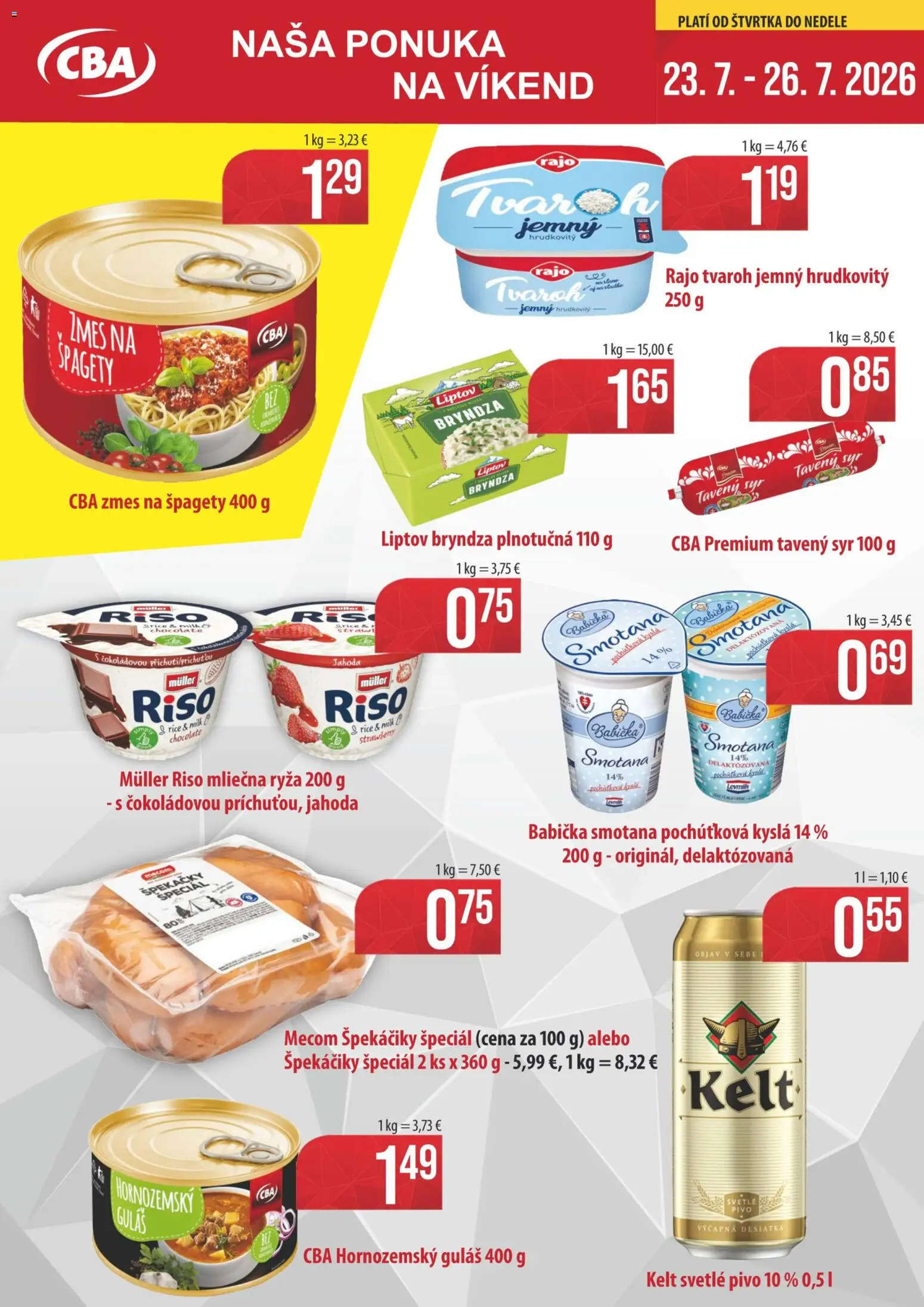 Nové Sintra akcie – leták je platný od 23.07.2026 | Strana: 1 | Produkty: Pivo, Syr, Smotana, Špagety