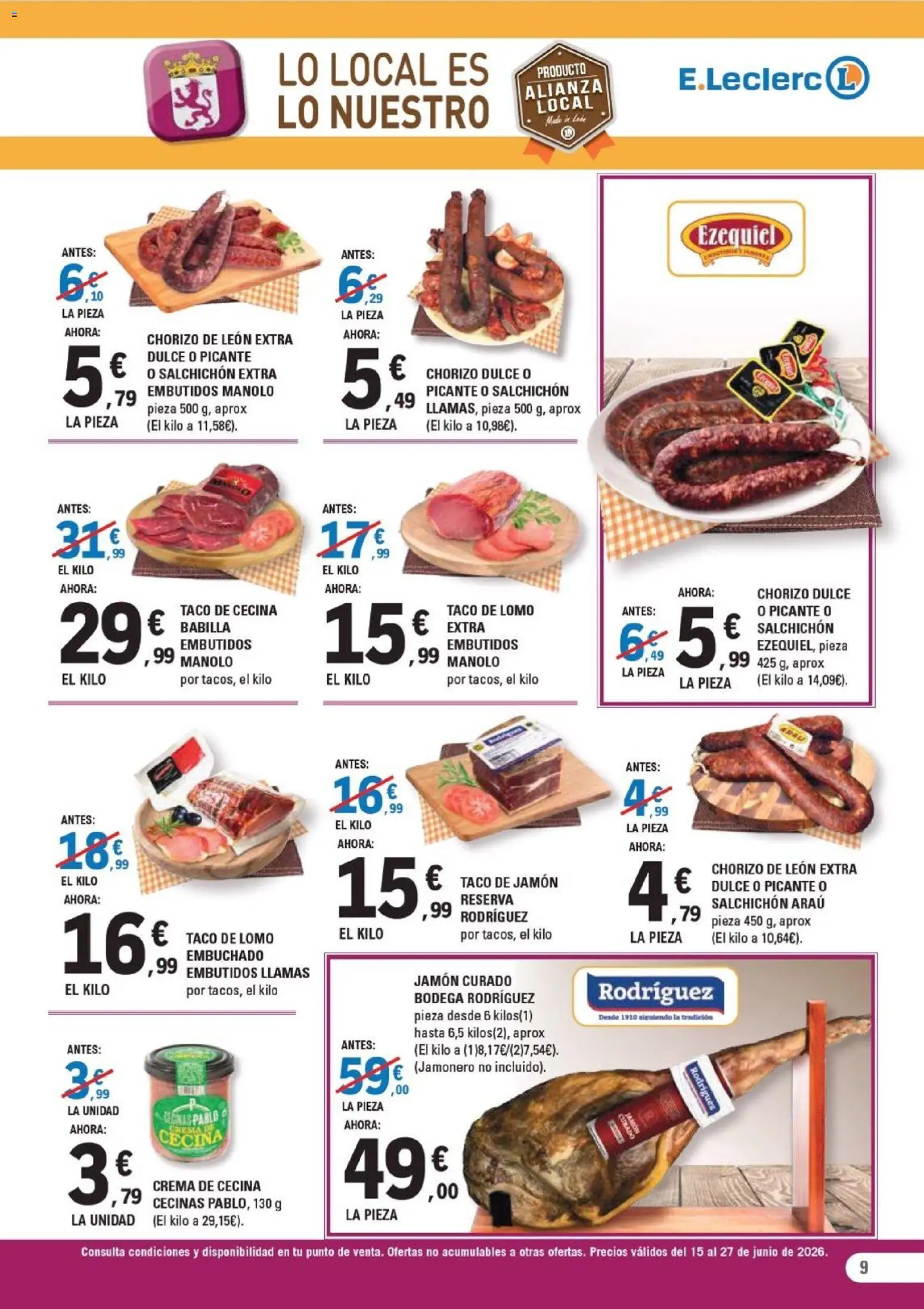 E.Leclerc León │ válido desde el 15.06.2026 | Página: 9 | Productos: Jamón, Crema, Νυχτικό