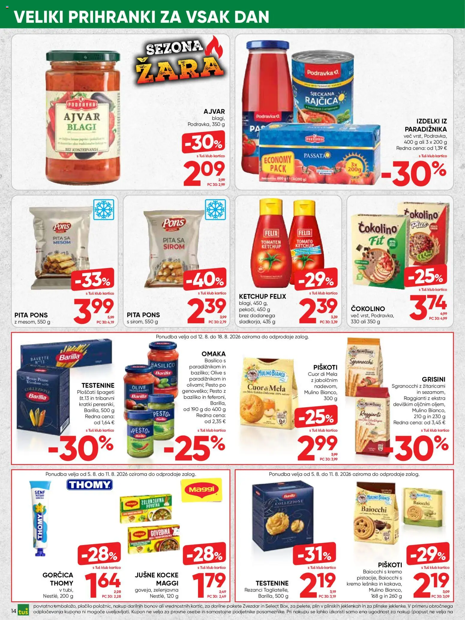 Novi Tuš katalog ponudbe – veljaven od 05.08.2026 | Stran: 14 | Izdelki: Ajvar, Gorčica, Testenine, Omaka