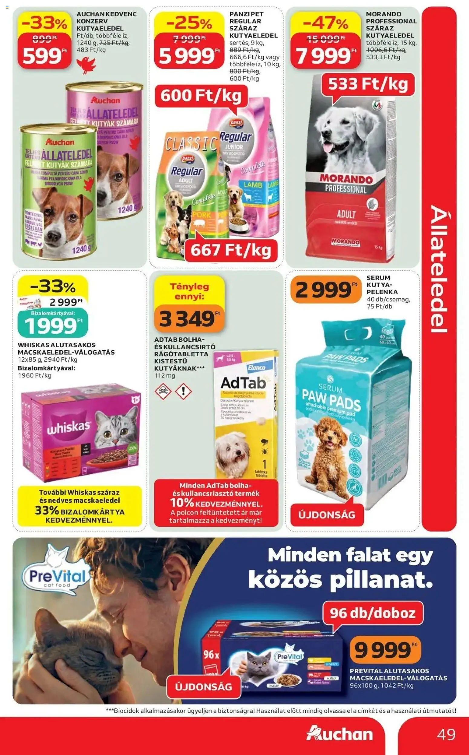 Auchan akciós ujság - amely érvényes a következő dátumtól: 14.05.2026 | Oldal: 49 | Termékek: Macskaeledel, Kutyaeledel, Kullancsriasztó, Só