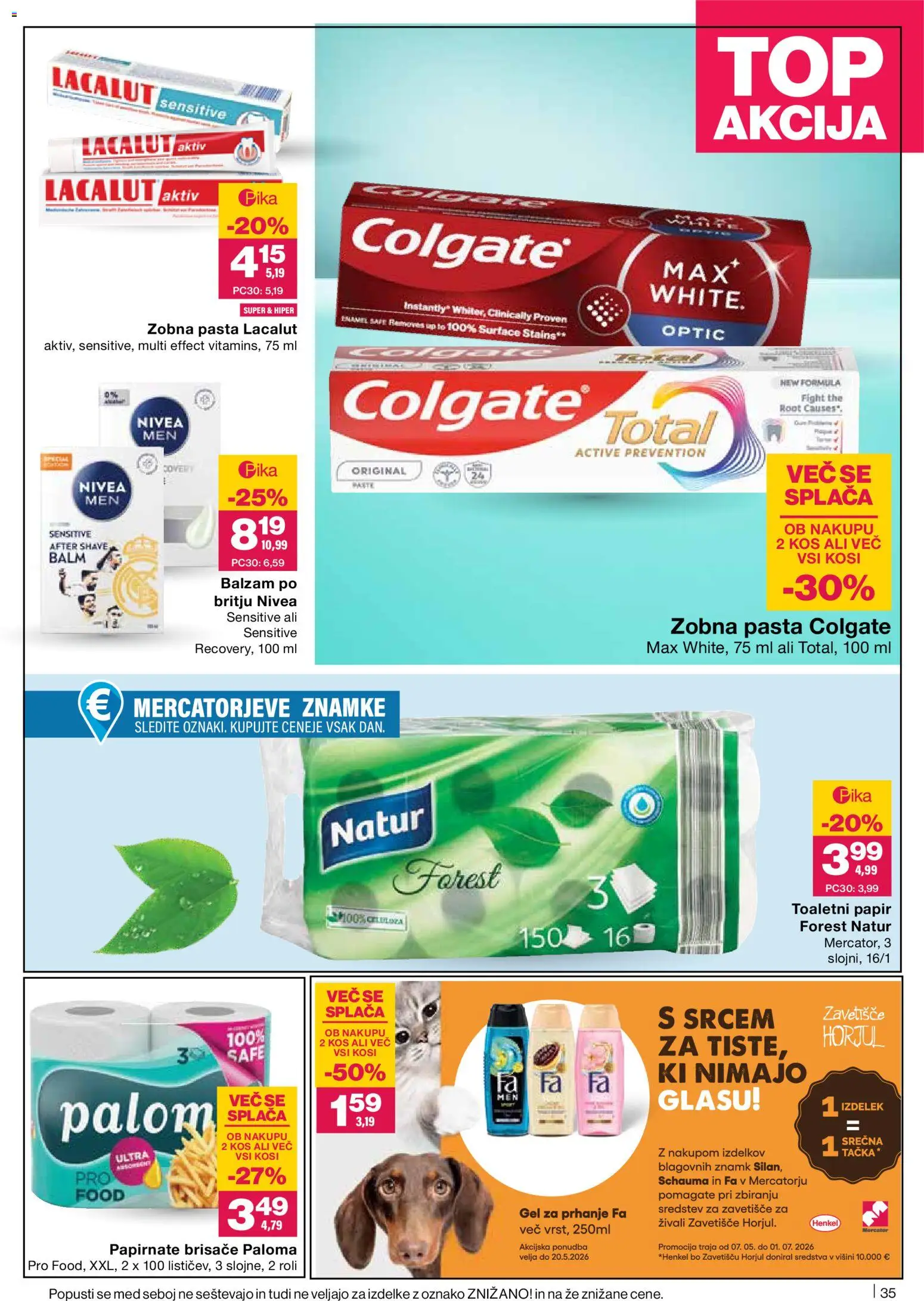 Novi Mercator katalog ponudbe – veljaven od 07.05.2026 | Stran: 35 | Izdelki: Gel za prhanje, Papirnate brisače, Kos, Zobna pasta