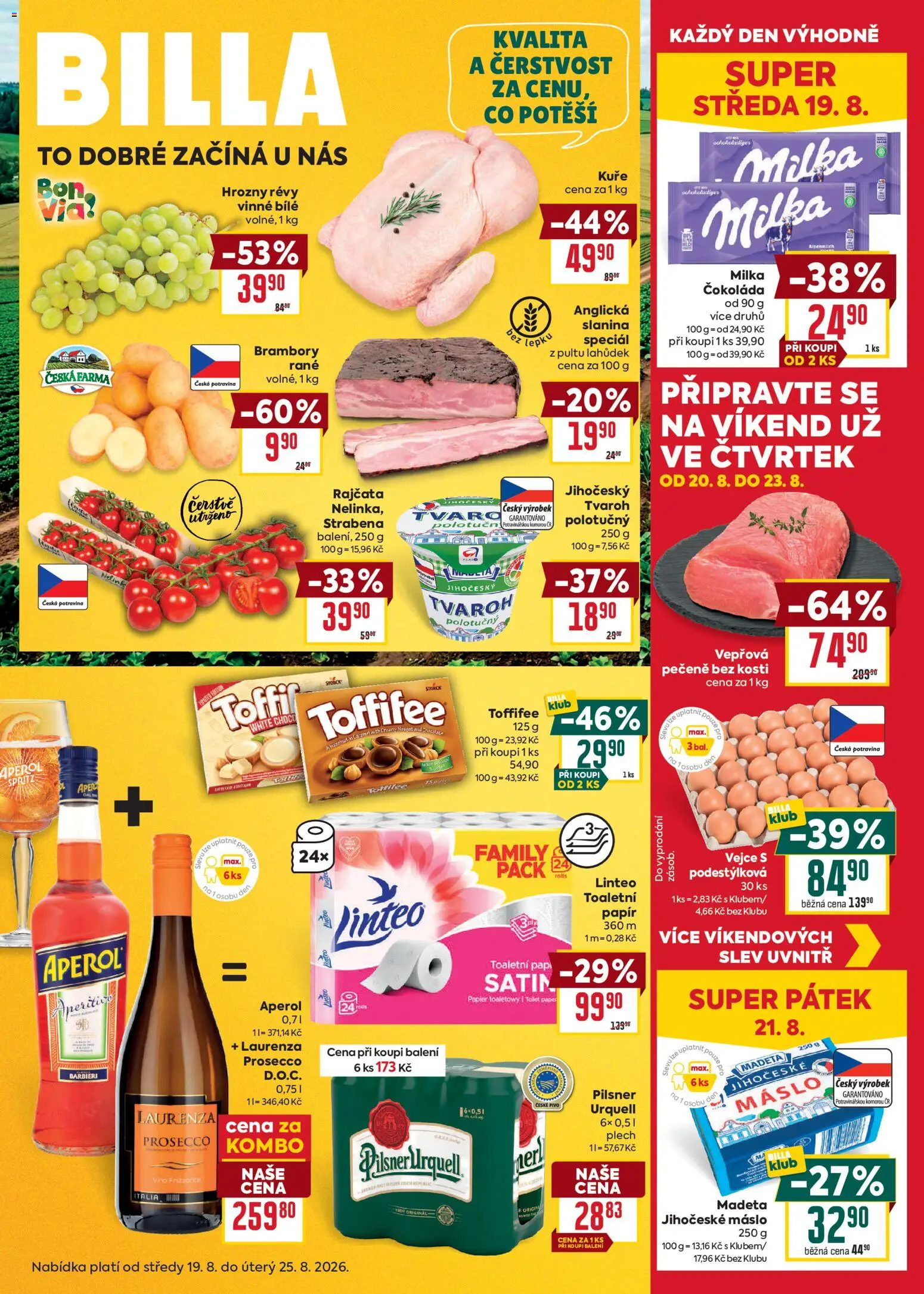 Billa Malý leták od 19.08.2026 | Strana: 1 | Produkty: Vejce, Čokoláda, Brambory, Aperitivo