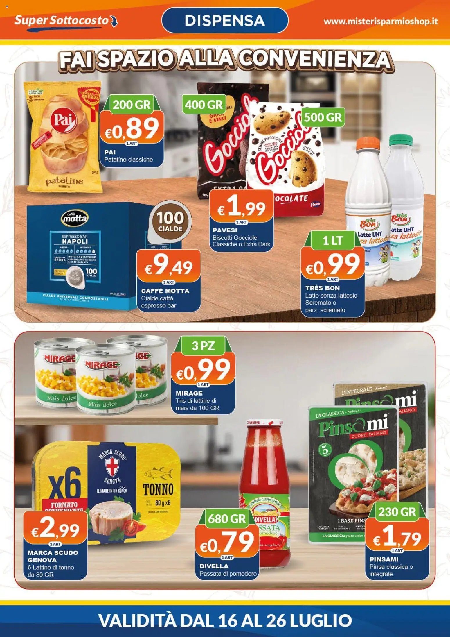 Volantino Mister Risparmio del 16/07/2026 | Pagina: 2 | Prodotti: Caffè, Patatine, Biscotti, Tonno