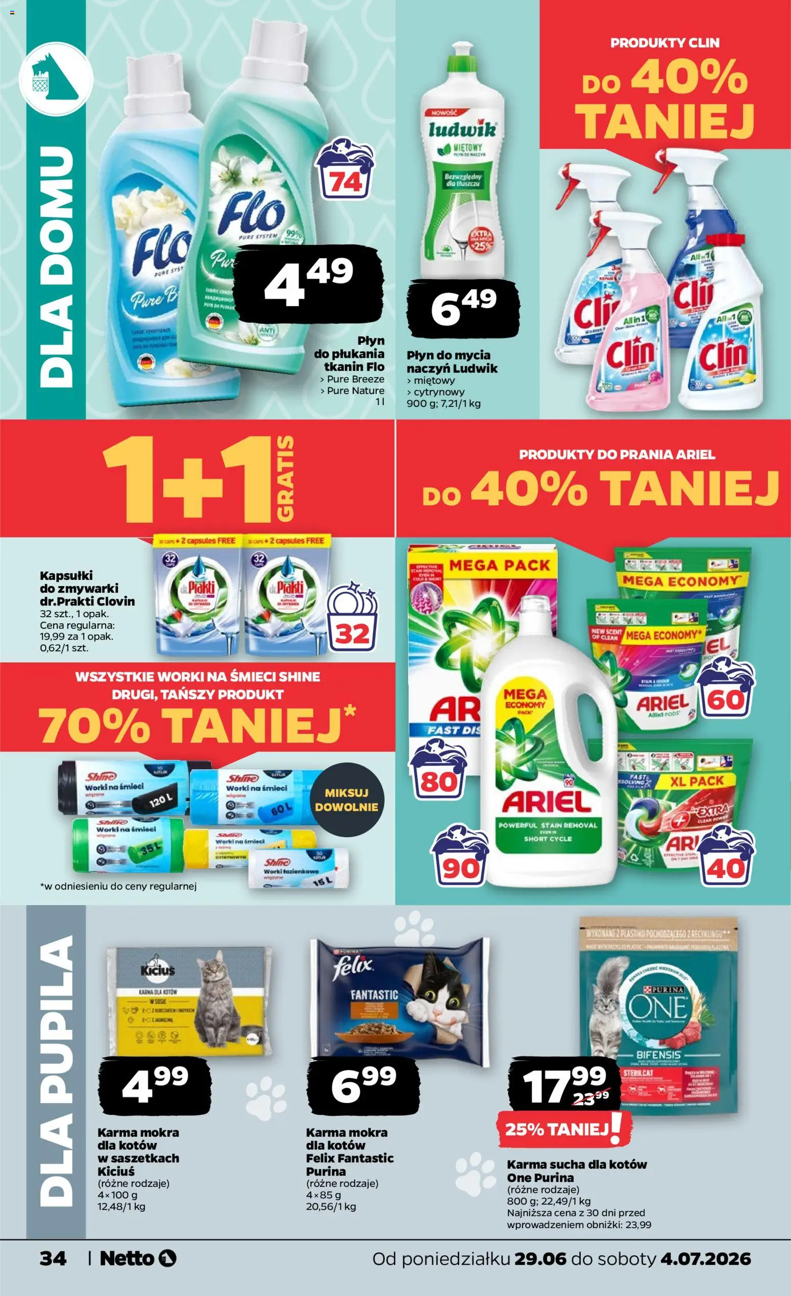 Netto gazetka od poniedziałku spożywcza od 29.06.2026 | Strona: 34 | Produkty: Płyn do płukania tkanin, Detergent, Kapsułki do zmywarki, Płyn do mycia naczyń