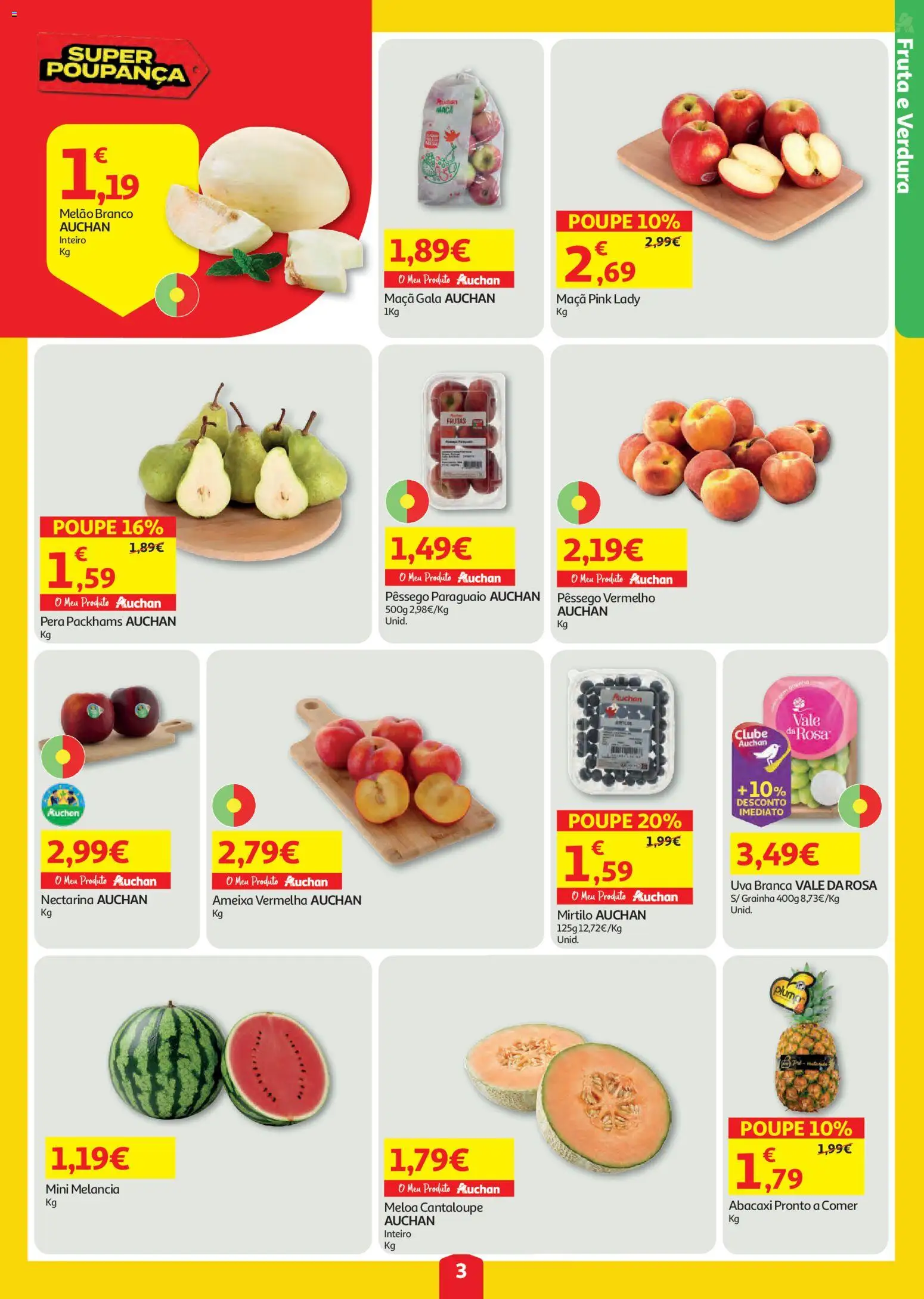 Auchan folheto │ válido de 23/07/2026 | Página: 3 | Produtos: Maça, Abacaxi, Melancia, Melão