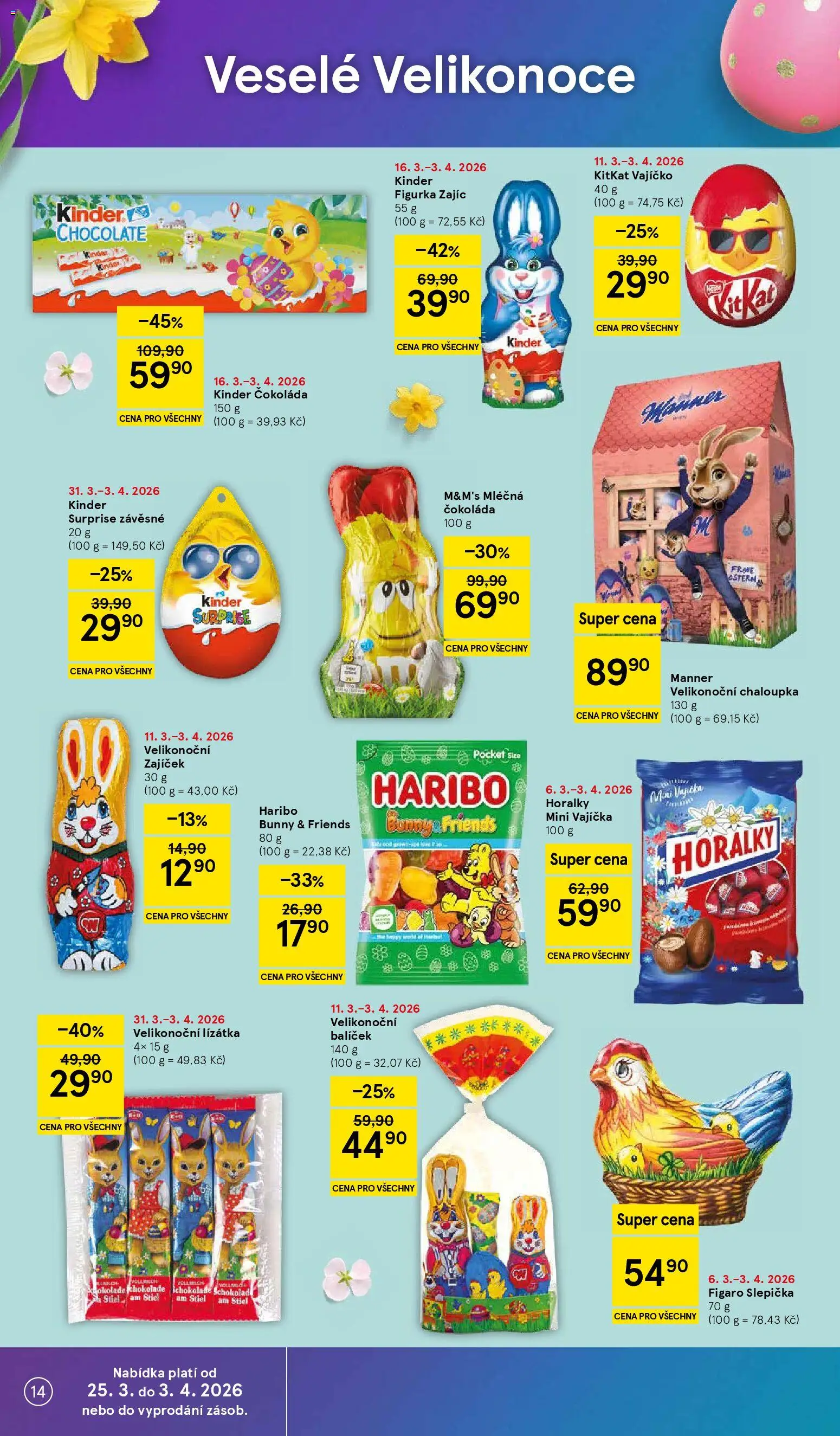Tesco leták - Hypermarket od 31.03.2026 | Strana: 14 | Produkty: Čokoláda, Haribo, Kinder čokoláda, Kinder