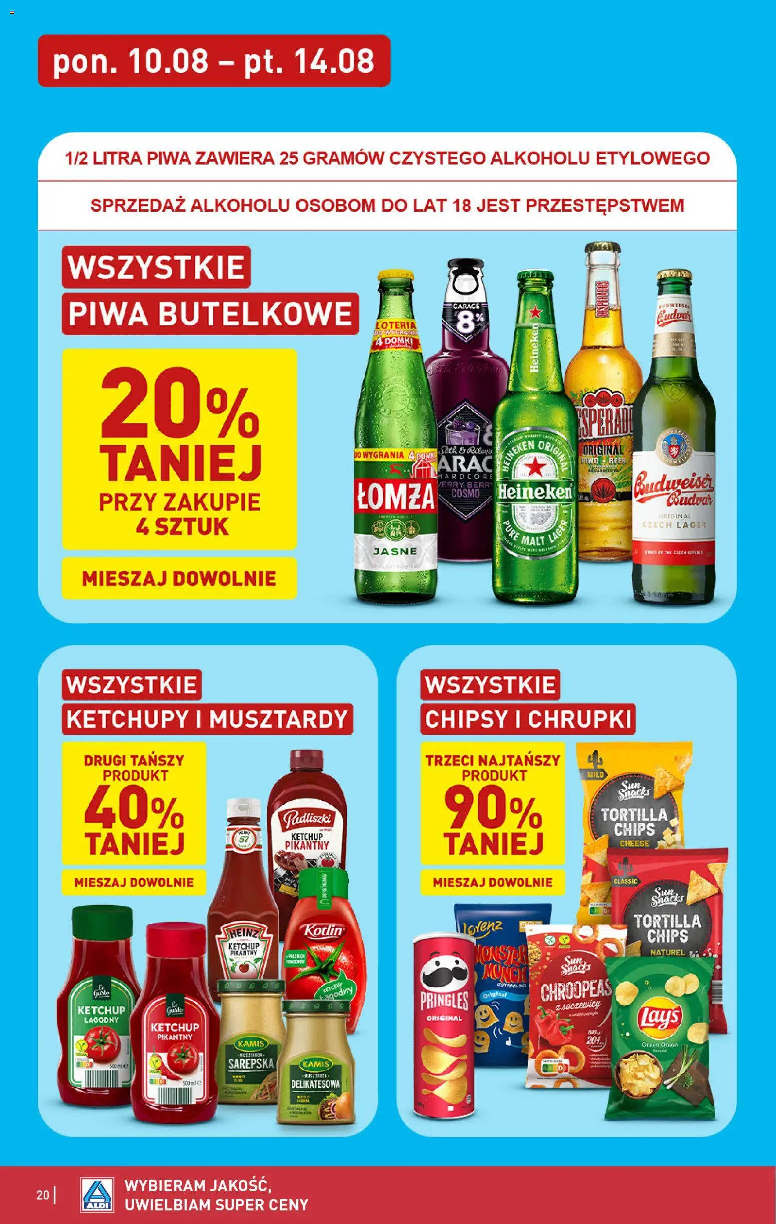 Aldi gazetka od 10.08.2026 | Strona: 20 | Produkty: Ketchup, Chrupki, Tortilla, Heineken