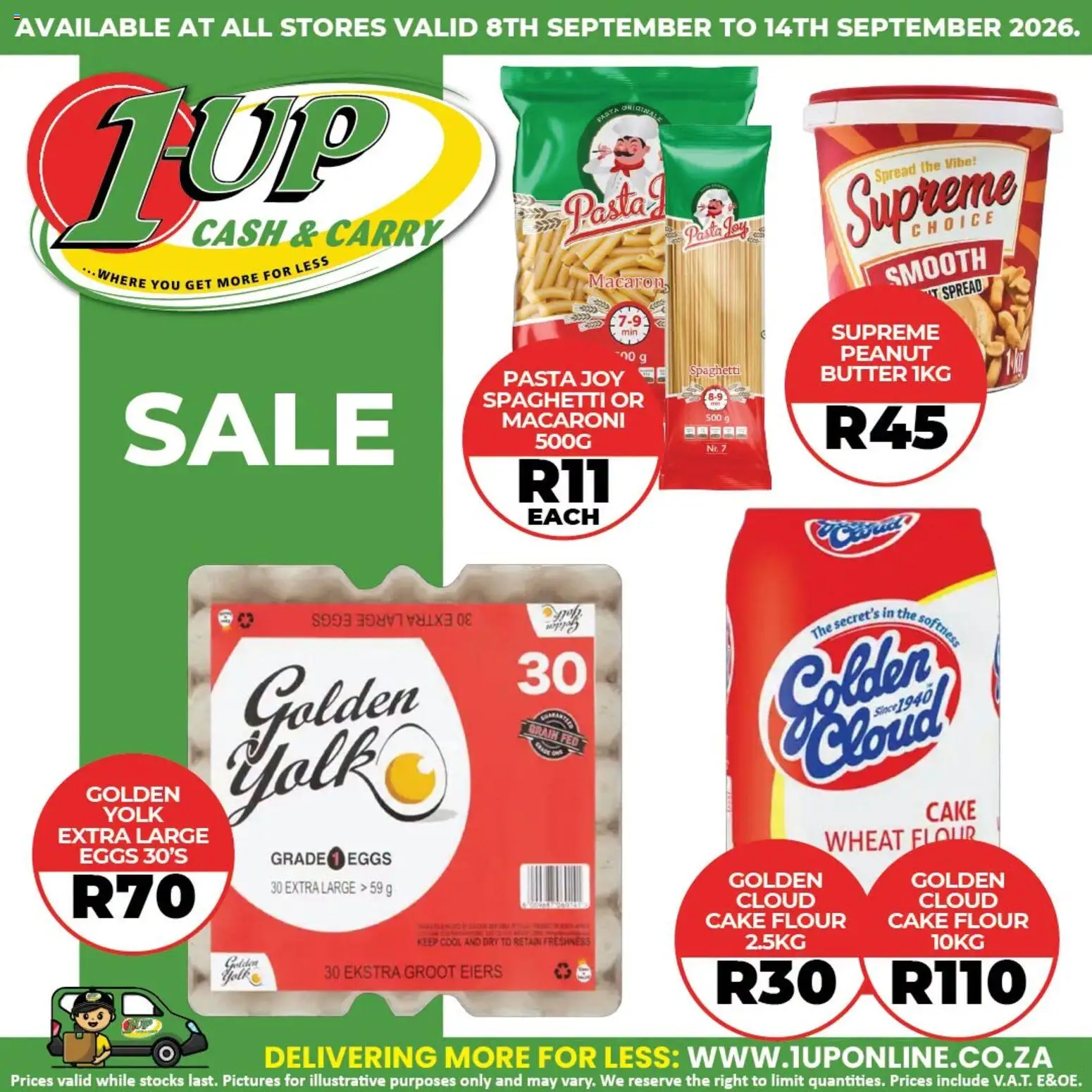 New 1UP Cash & Carry catalogue – valid from 08/09/2026 | Page: 1 | Products: Cake, Flour, Eggs, Pasta