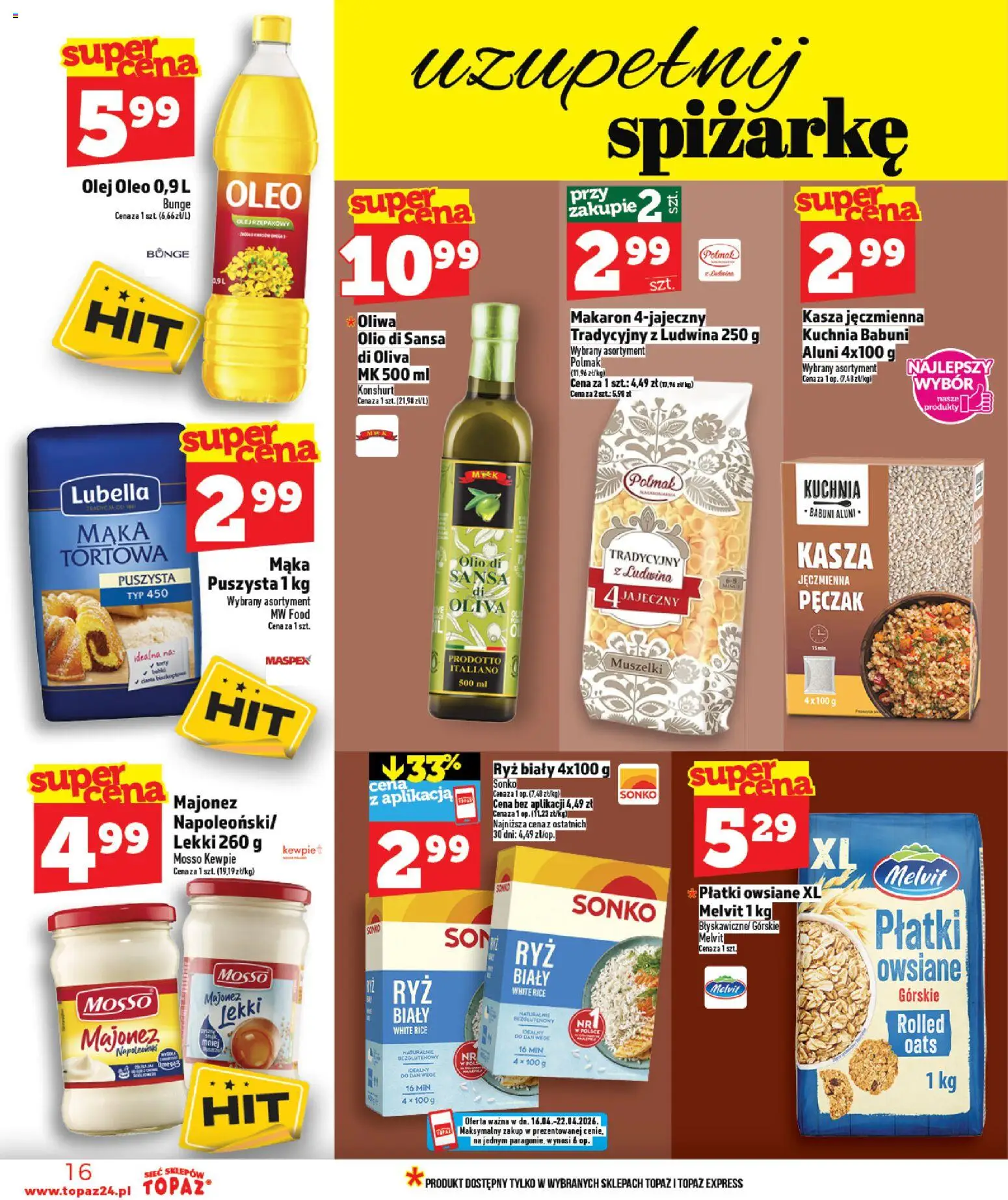 Topaz gazetka - MAZ od 16.04.2026 | Strona: 16 | Produkty: Płatki owsiane, Olej, Ryż, Majonez