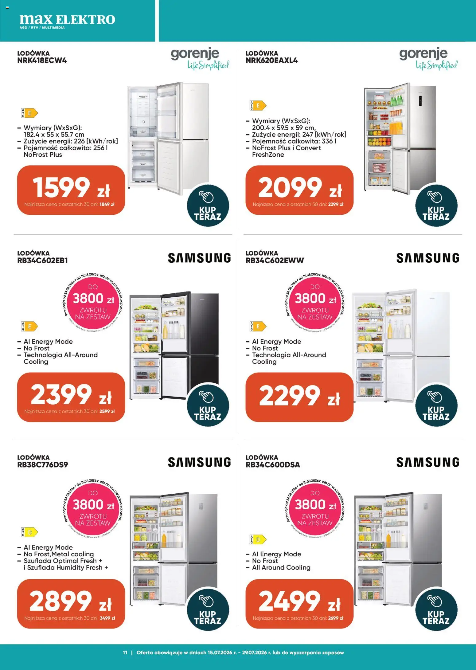 Max elektro gazetka od 15.07.2026 | Strona: 11 | Produkty: Lodówka