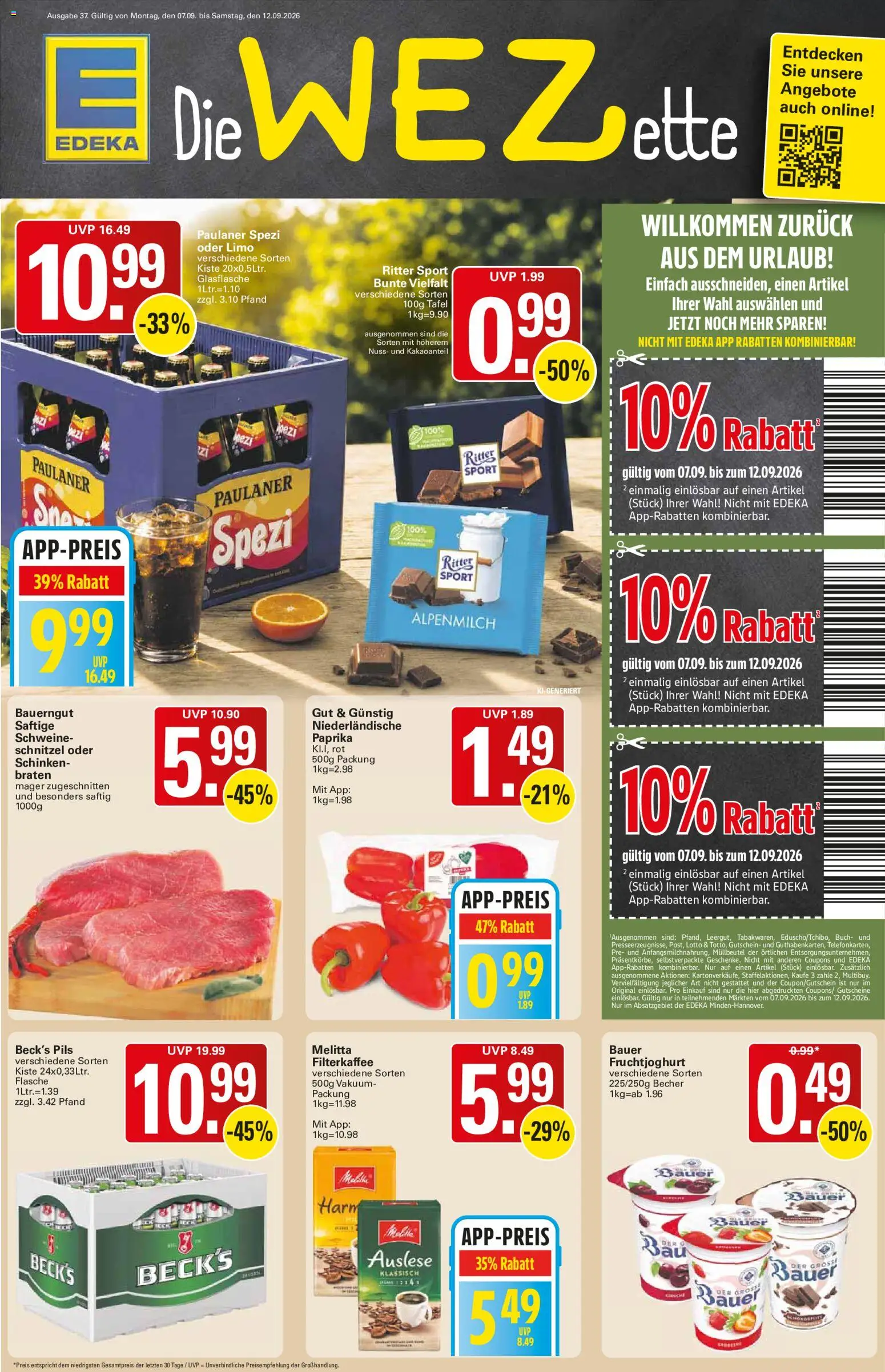 WEZ Prospekt – gültig ab 07.09.2026 | Seite: 1 | Produkte: Paulaner spezi, Paprika, Schinken, Paulaner