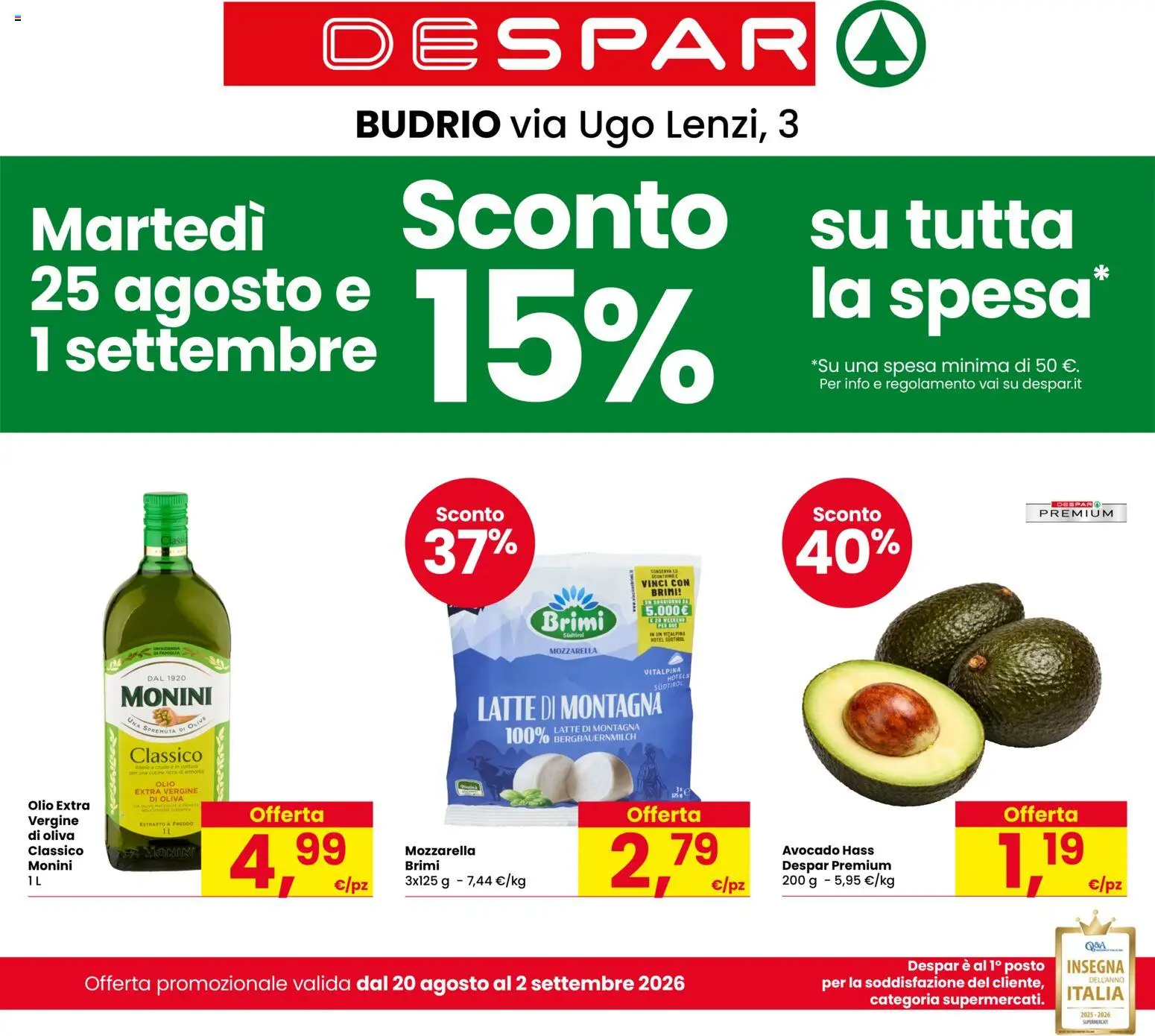 Volantino Despar del 20/08/2026 | Pagina: 1 | Prodotti: Mozzarella, Olio, Olive, Olio extra vergine
