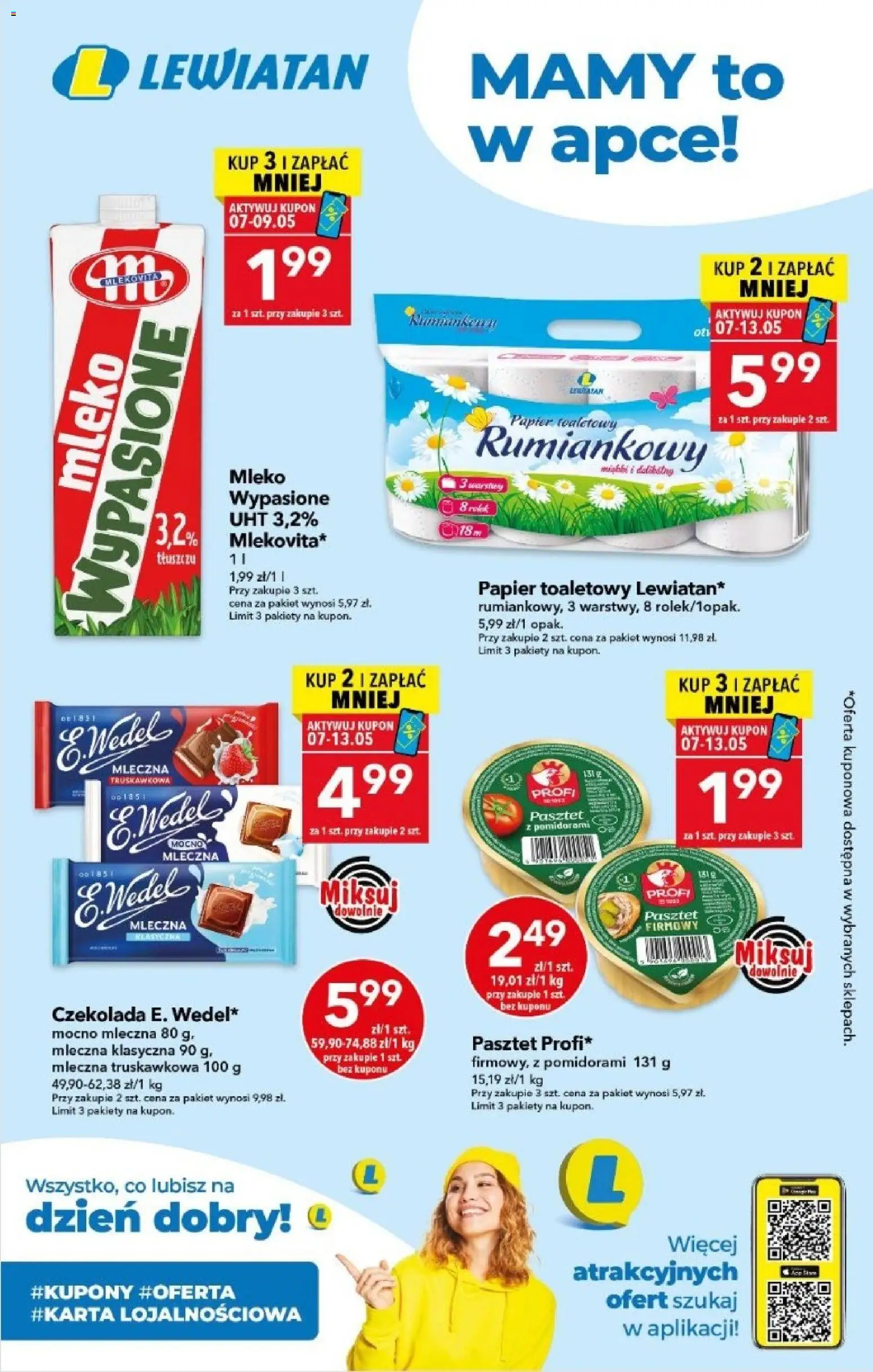 Lewiatan gazetka - Mamy to w apce od 07.05.2026 | Strona: 1 | Produkty: Mleko wypasione, Papier toaletowy, Mleko, Czekolada