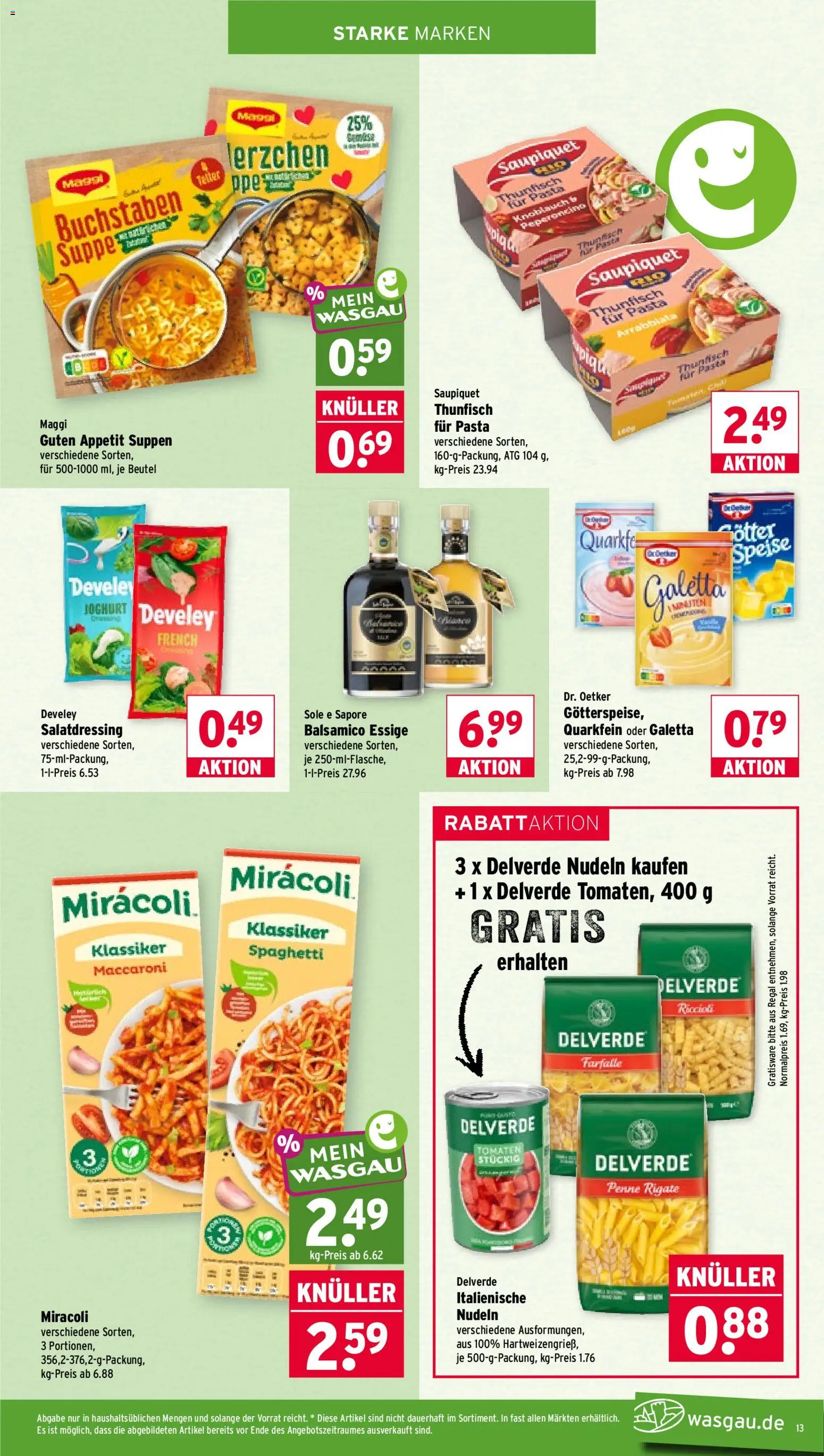 Wasgau Prospekt – gültig ab 13.07.2026 | Seite: 13 | Produkte: Thunfisch, Balsamico, Tomaten, Pasta