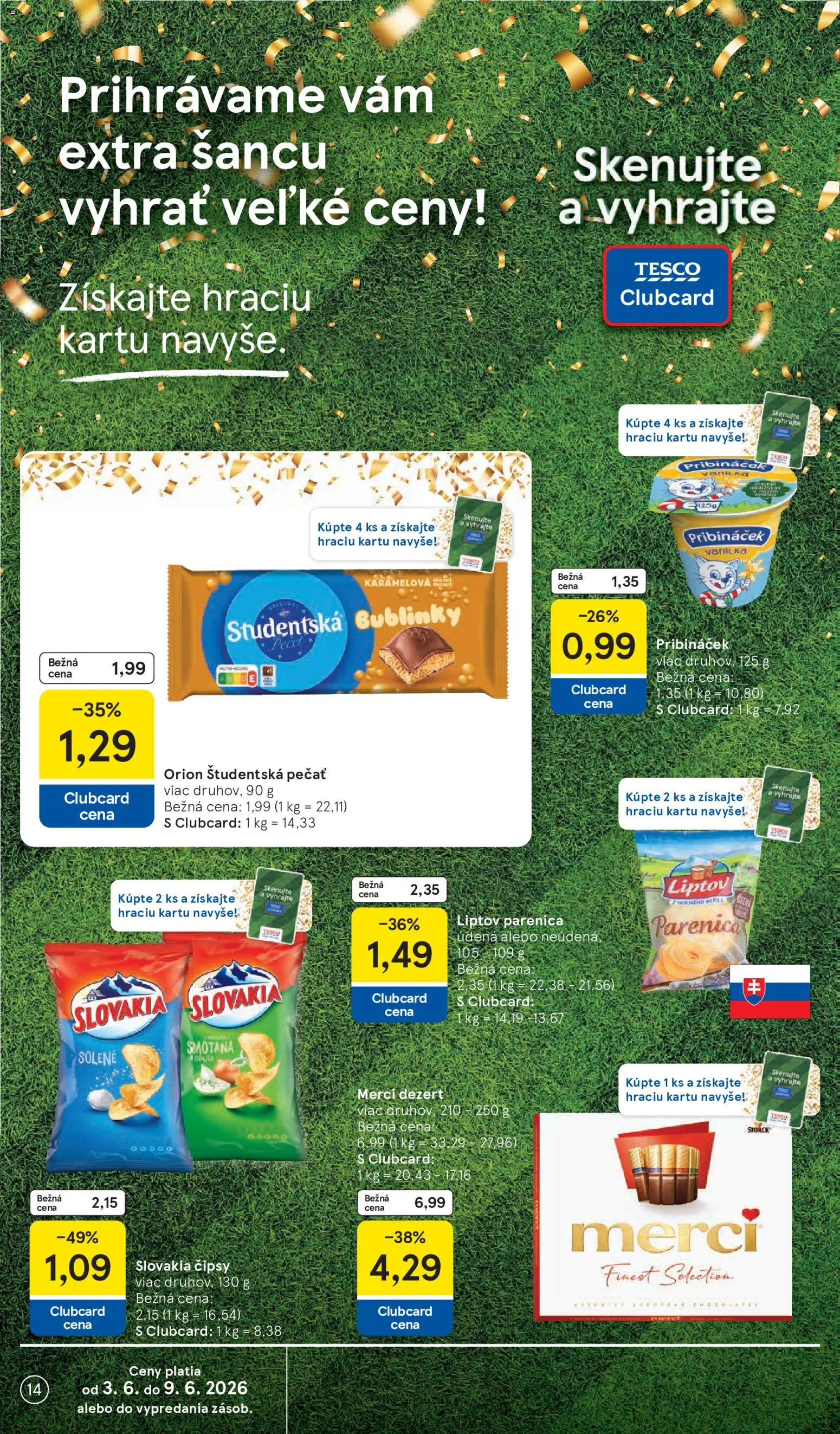 Nové Tesco akcie – leták je platný od 03.06.2026 | Strana: 14 | Produkty: Merci, Študentská pečať, Dezert, Vanilka