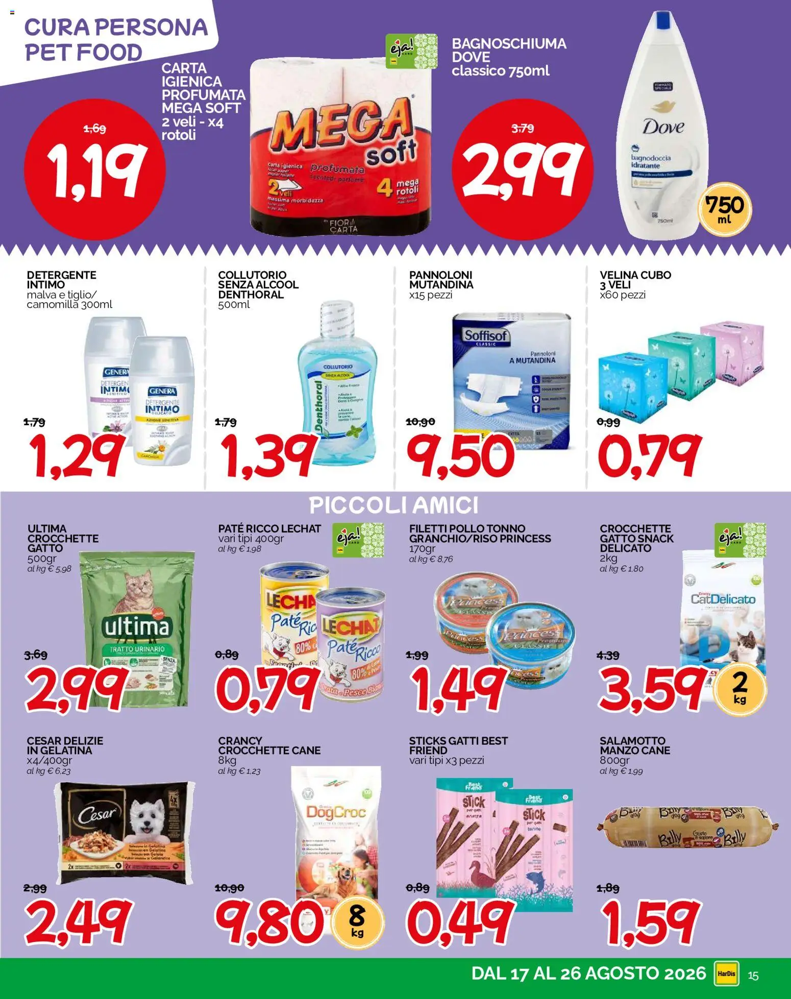 Volantino HarDis del 17/08/2026 | Pagina: 15 | Prodotti: Paté, Detergente intimo, Manzo, Crocchette cane