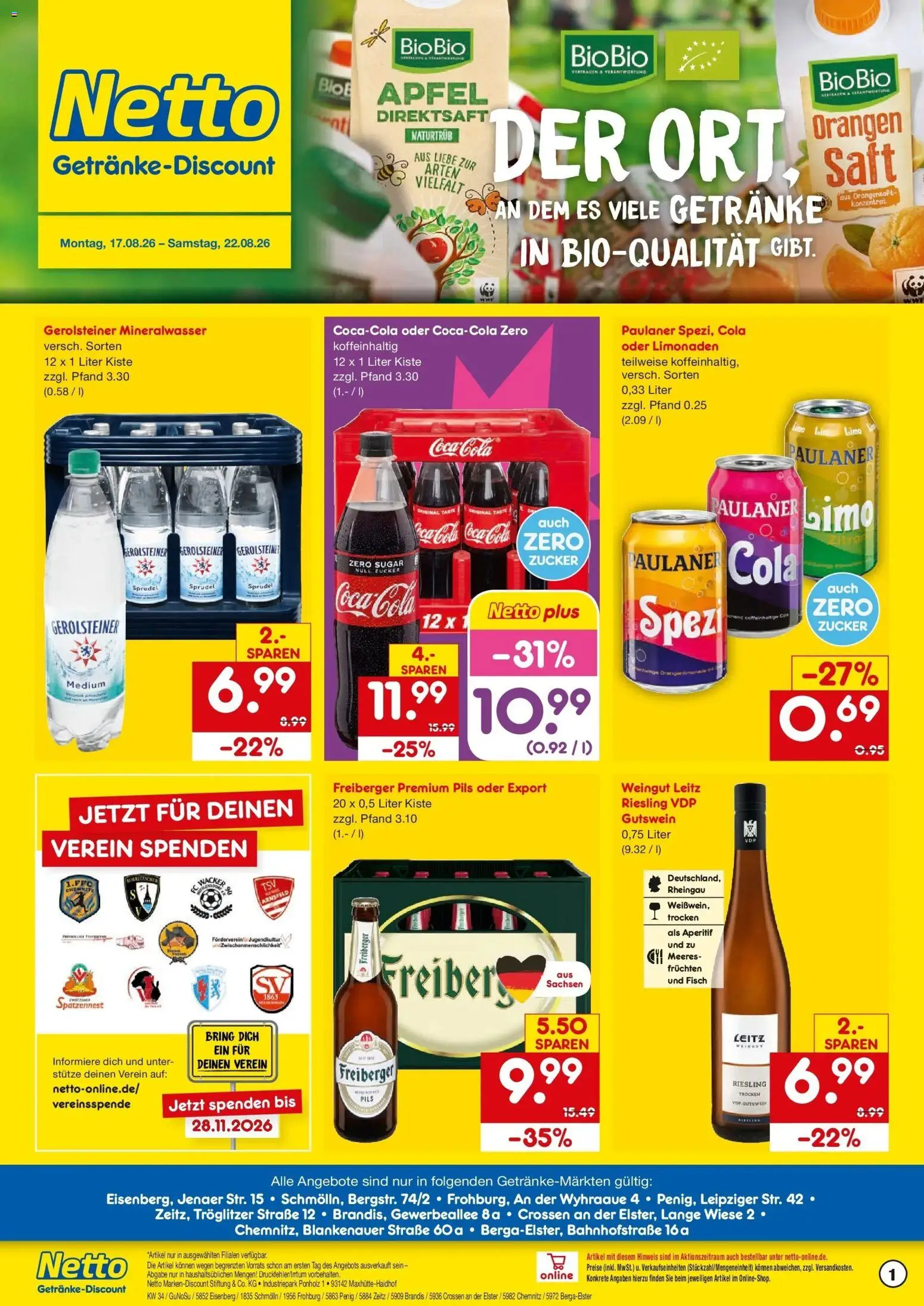 Netto Marken-Discount Prospekt Schmölln – gültig ab 17.08.2026 | Seite: 1 | Produkte: Orangensaft, Zucker, Saft, Paulaner