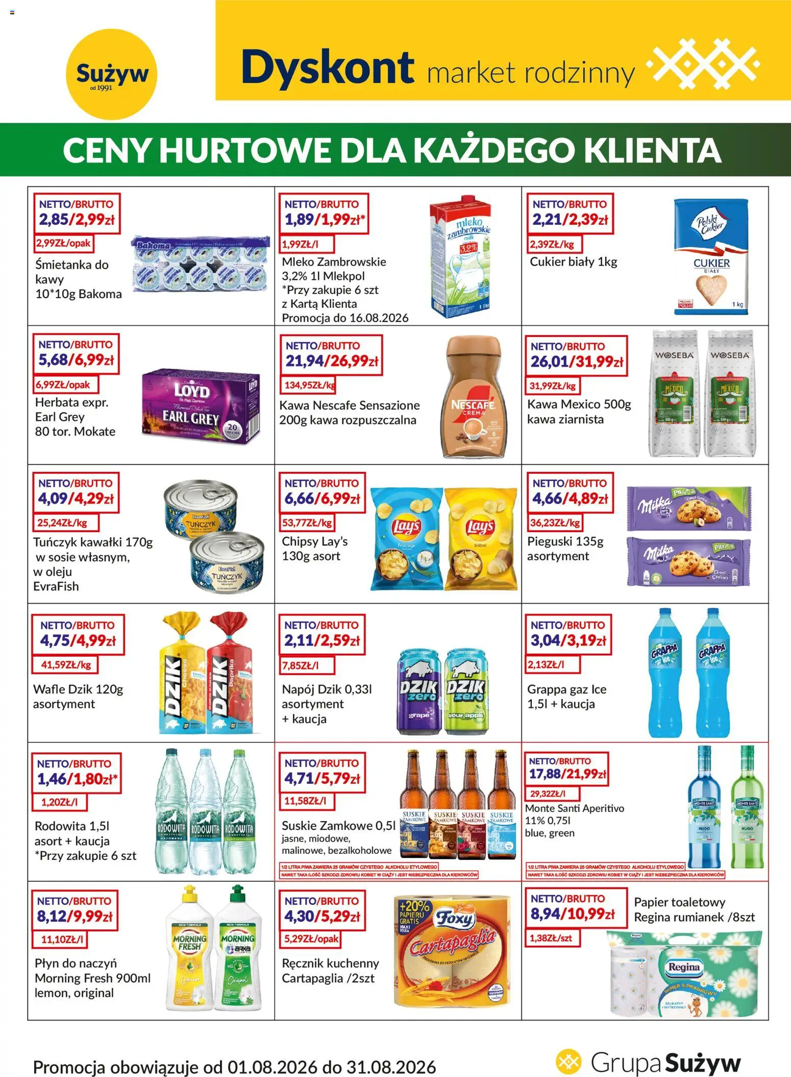 Sużyw gazetka - Dyskont od 01.08.2026 | Strona: 1 | Produkty: Papier toaletowy, Nescafe, Grappa, Kawa