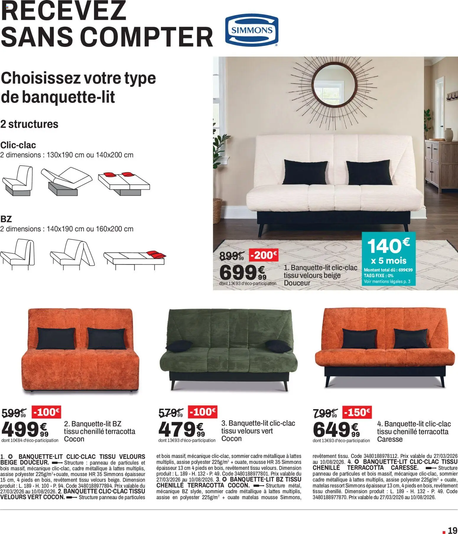 {H1} | Page: 19 | Produits: Mousse, Matelas, Sommier, Cadre