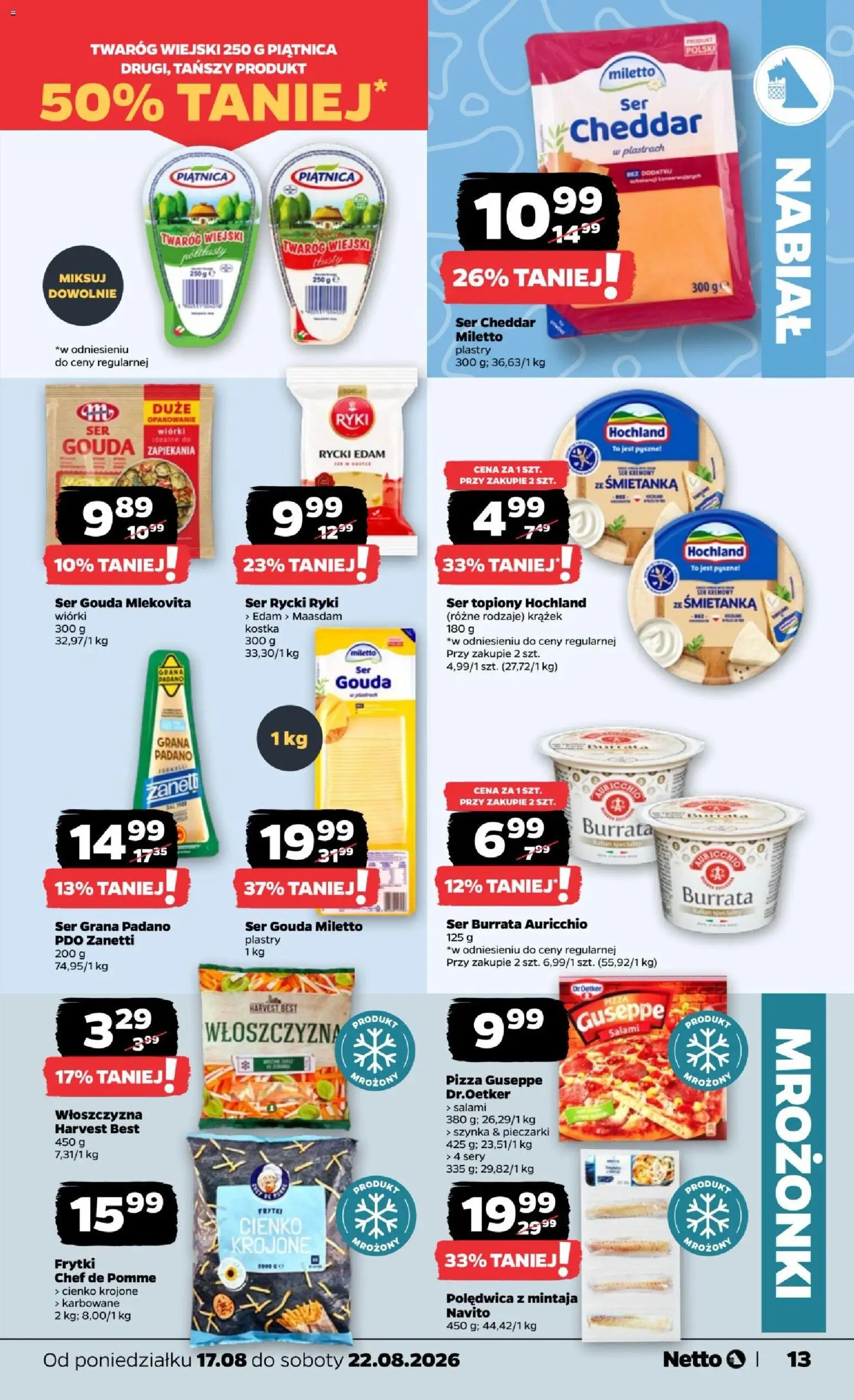 Netto gazetka od poniedziałku od 17.08.2026 | Strona: 13 | Produkty: Burrata, Ser, Twaróg, Ser cheddar
