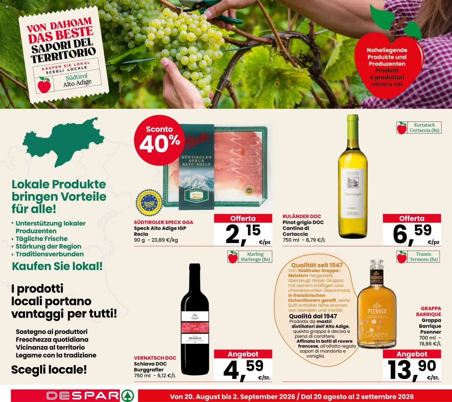 Volantino Despar del 20/08/2026 | Pagina: 2 | Prodotti: Speck, Mandorla, Grappa