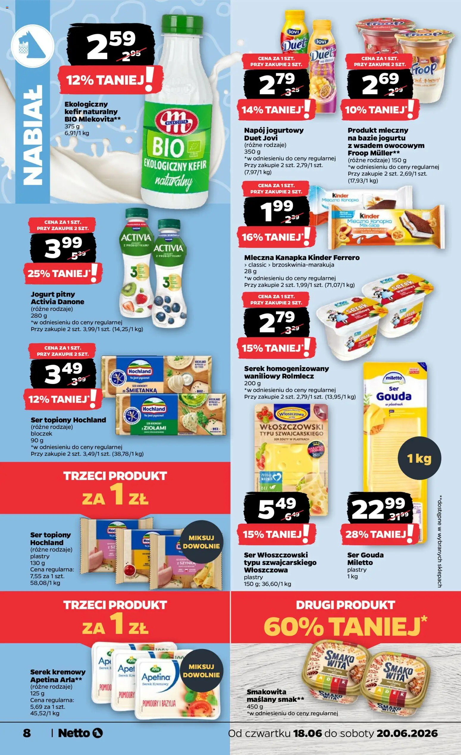 Netto gazetka od czwartku spożywcza od 18.06.2026 | Strona: 8 | Produkty: Serek homogenizowany, Jogurt pitny, Ser, Pomidory
