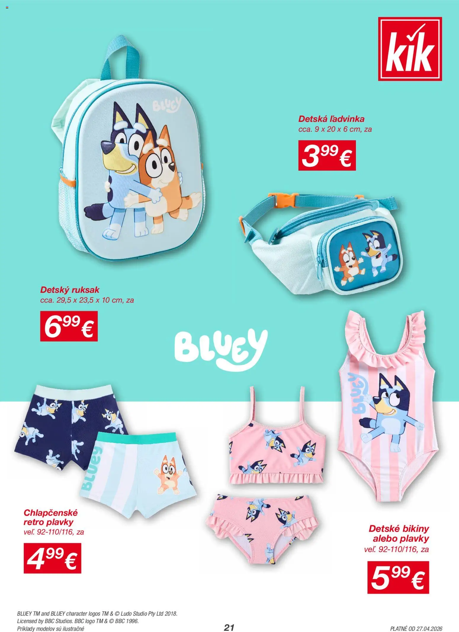 Nové Kik akcie – leták je platný od 27.04.2026 | Strana: 21 | Produkty: Plavky, Ruksak