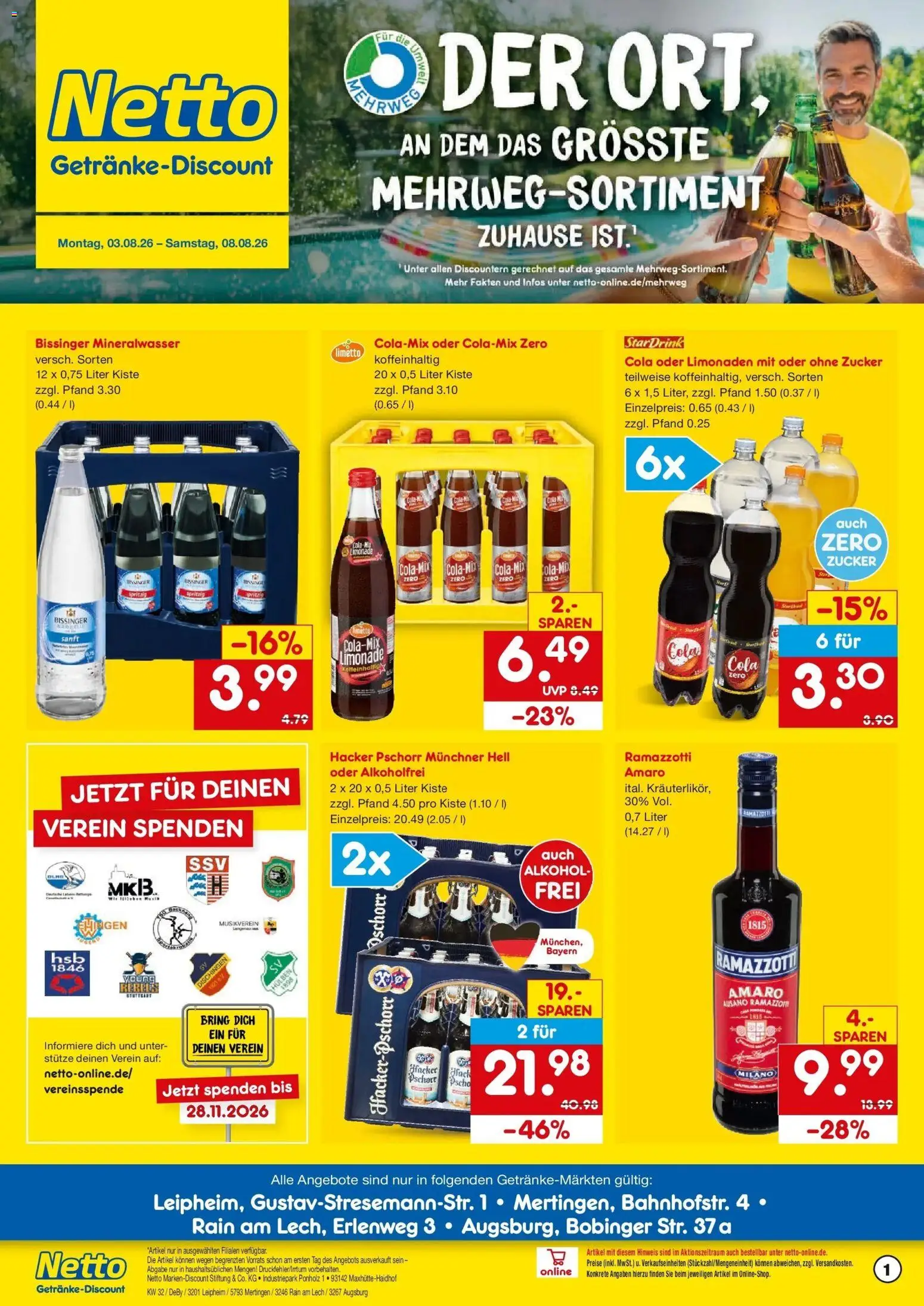 Netto Marken-Discount Prospekt Leipheim – gültig ab 03.08.2026 | Seite: 1 | Produkte: Cola, Mineralwasser, Zucker, Ramazzotti