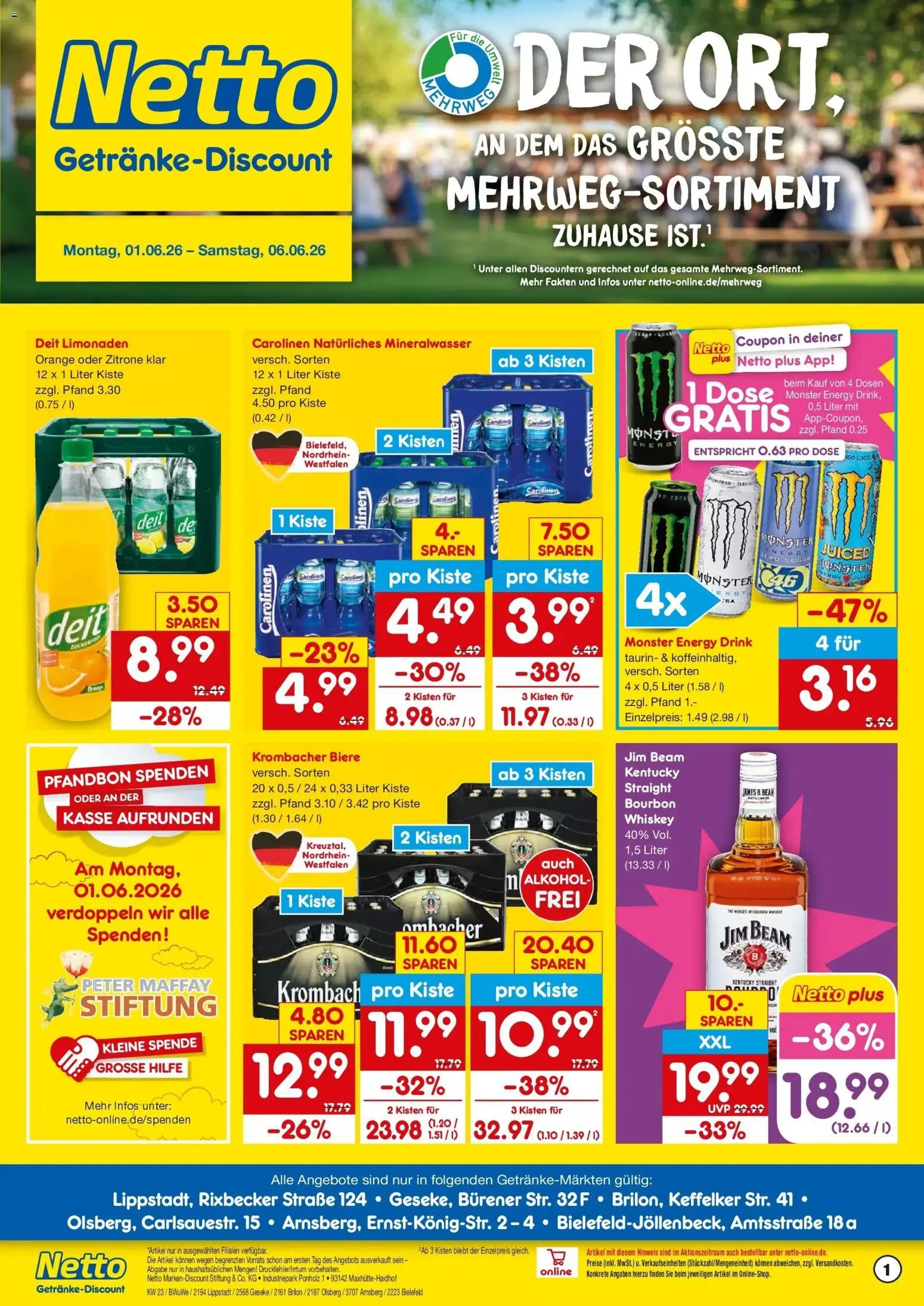Netto Marken-Discount Prospekt Brilon – gültig ab 01.06.2026 | Seite: 1 | Produkte: Jim beam, Mineralwasser, Monster, Krombacher