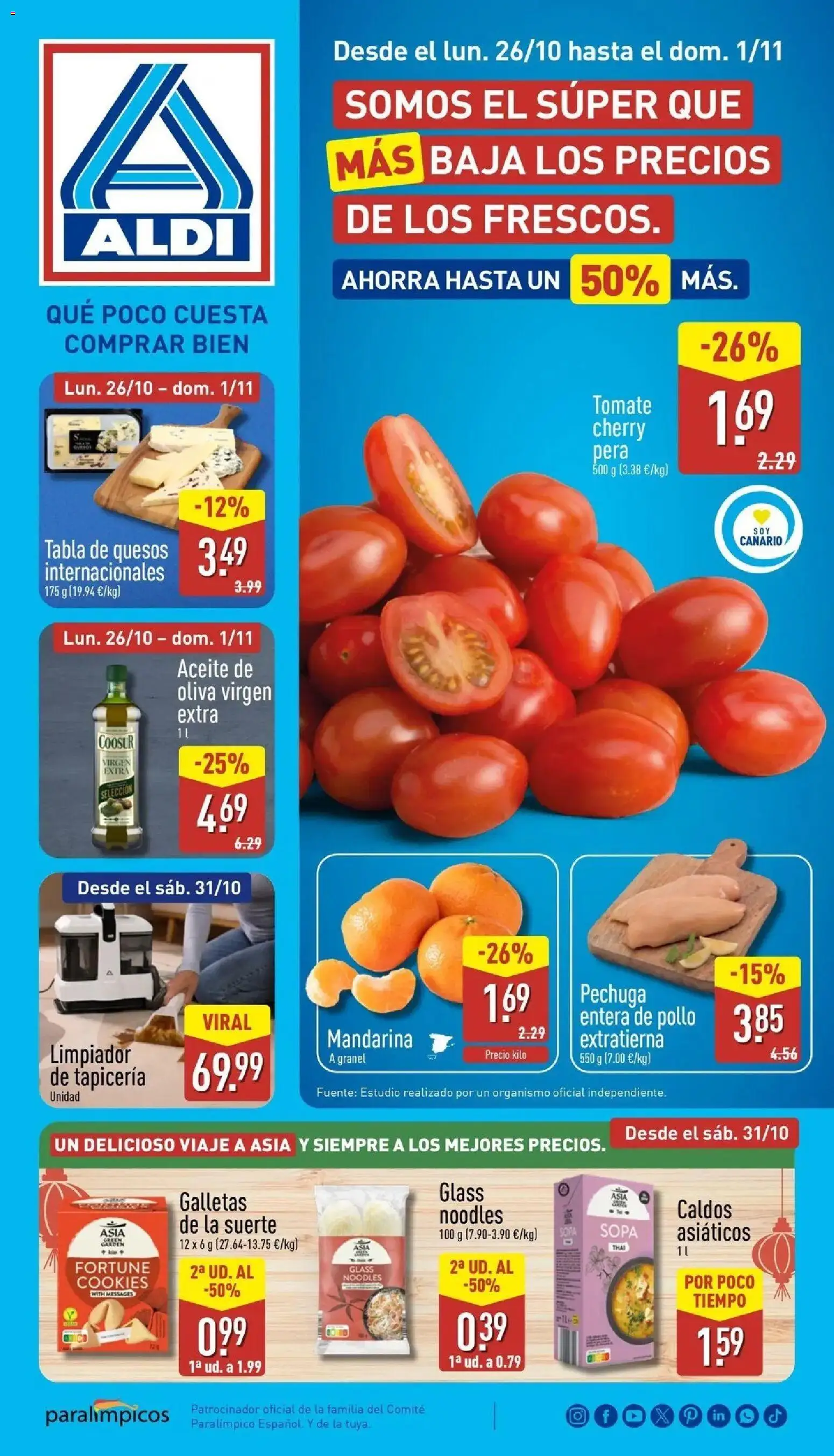 Aldi - Qué poco cuesta comprar bien │ válido desde el 26/10/2026 | Página: 1 | Productos: Aceite, Galletas, Aceite de oliva virgen extra, Pollo