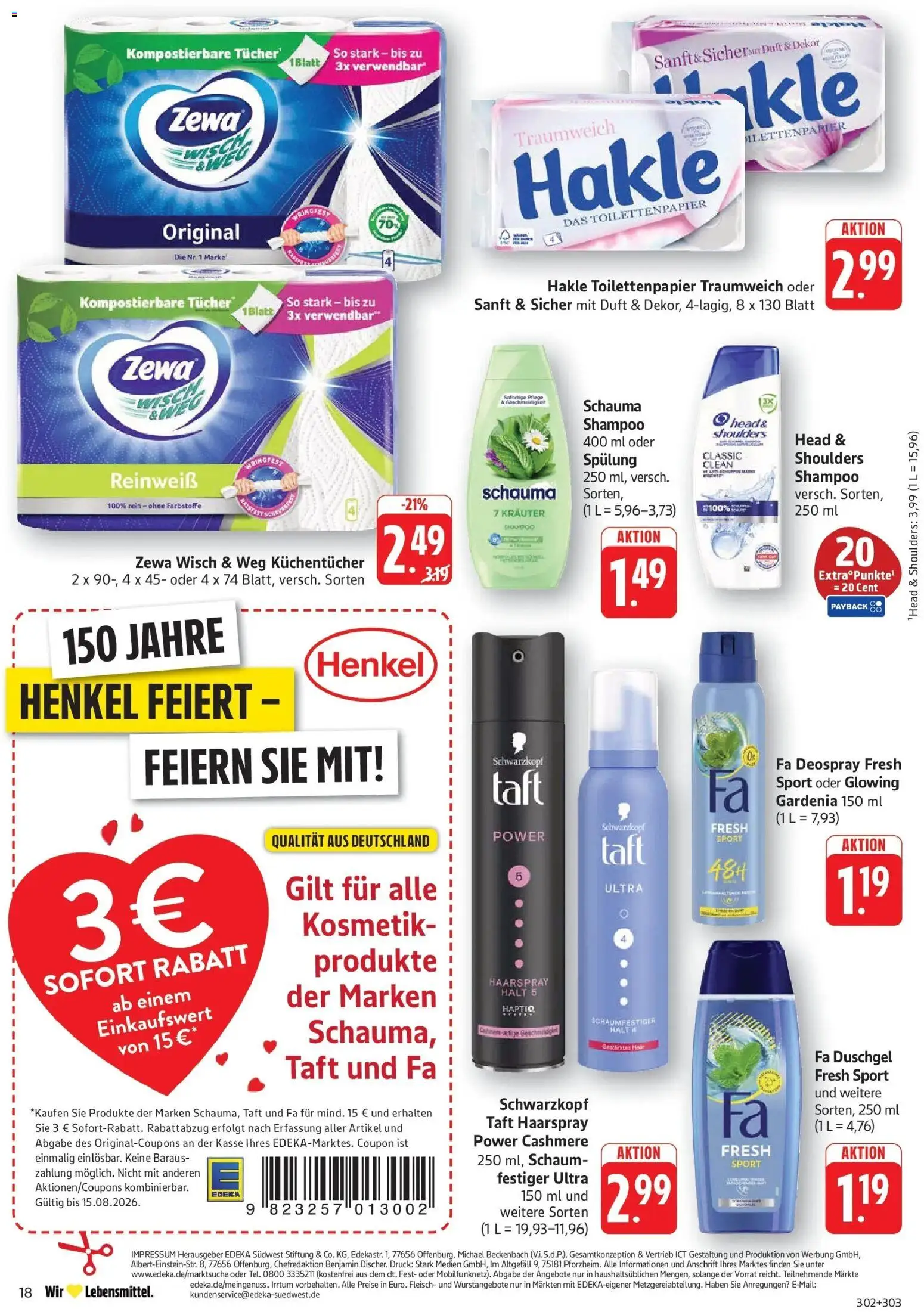 Edeka Prospekt Eislingen – gültig ab 10.08.2026 | Seite: 18 | Produkte: Shampoo, Haarspray, Duschgel, Toilettenpapier
