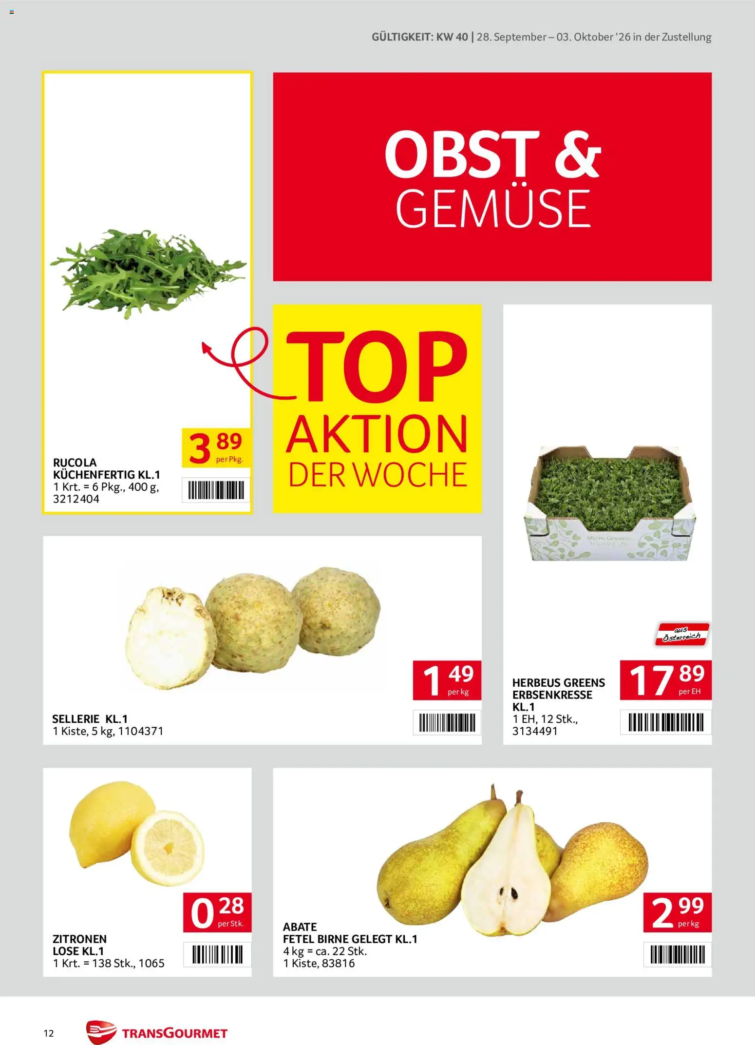 Transgourmet Zustellaktion gültig ab 28.09.2026 | Seite: 12 | Produkte: Gemüse, Obst, Birne, Sellerie