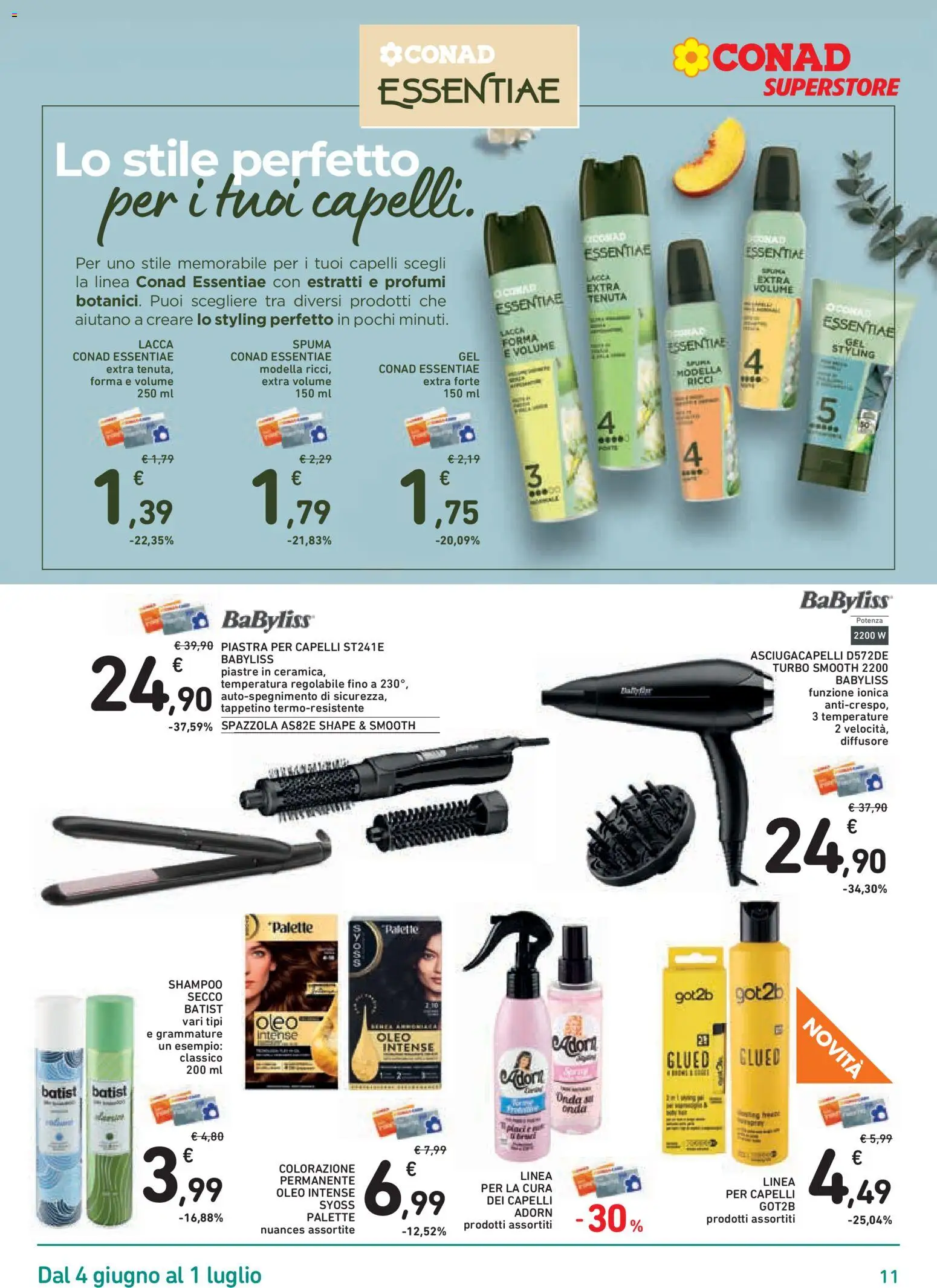 Volantino Conad del 04.06.2026 | Pagina: 11 | Prodotti: Spazzola, Shampoo, Lacca, Piastra per capelli