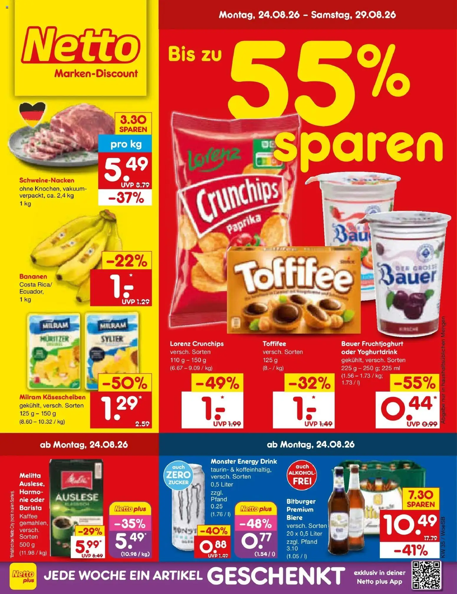 Netto Marken-Discount Prospekt Leonberg – gültig ab 24.08.2026 | Seite: 1 | Produkte: Paprika, Alkohol, Toffifee, Lorenz crunchips