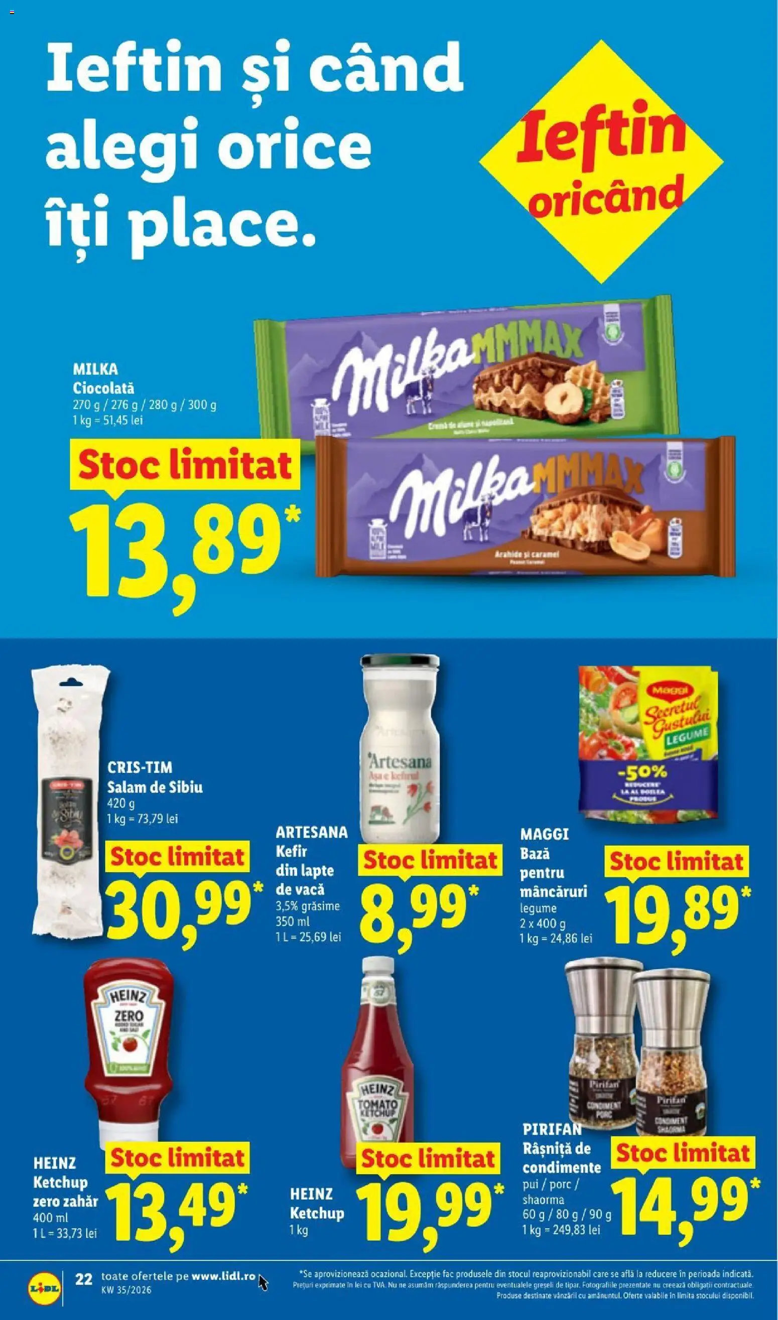 Noul catalog Lidl – valabil de la 24.08.2026 | Pagină: 22 | Produse: Ciocolată, Salam, Kefir, Condimente
