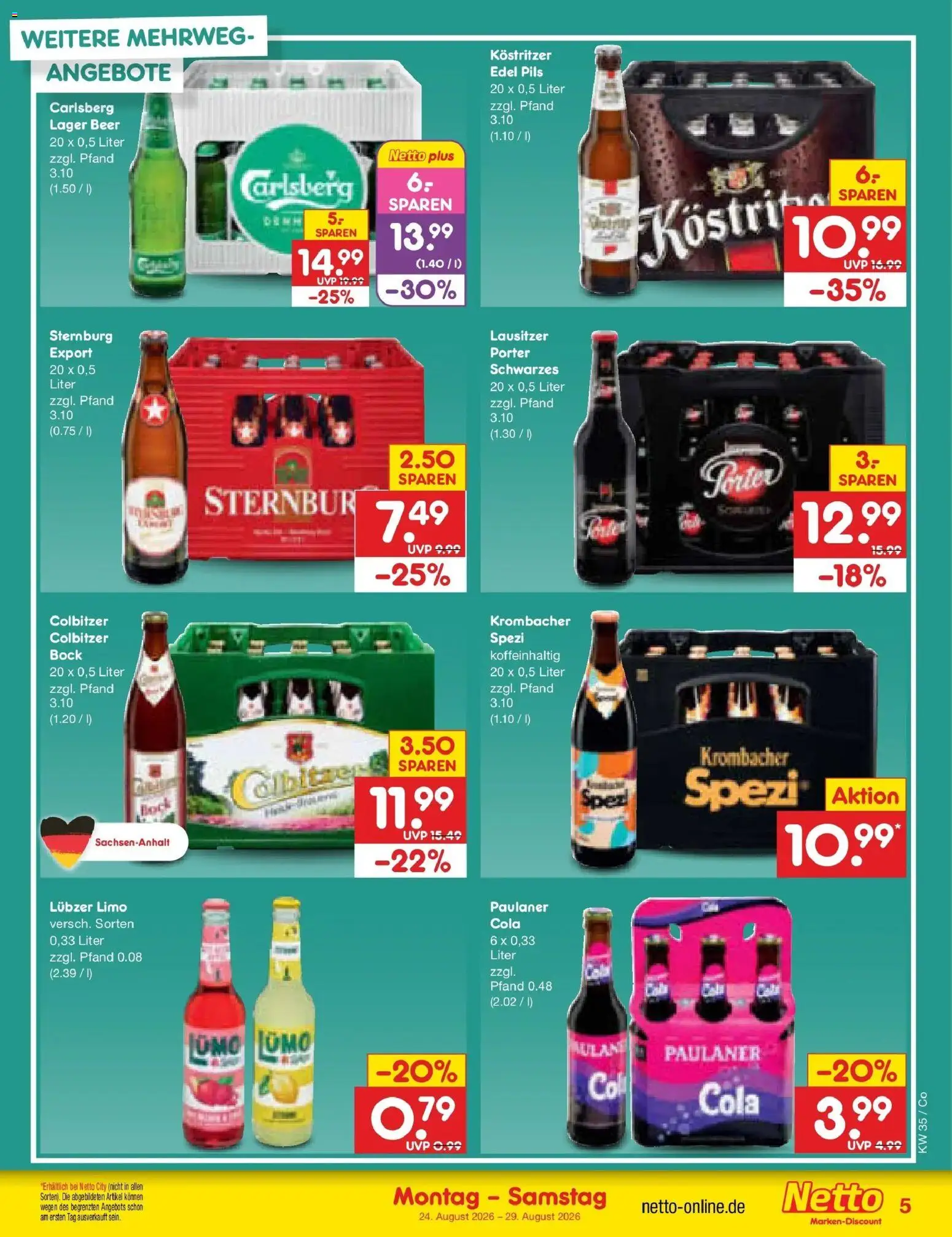 Netto Marken-Discount Prospekt Leipzig (ab 24.08.2026) » Angebote | Seite: 5 | Produkte: Carlsberg, Krombacher, Lubzer, Paulaner