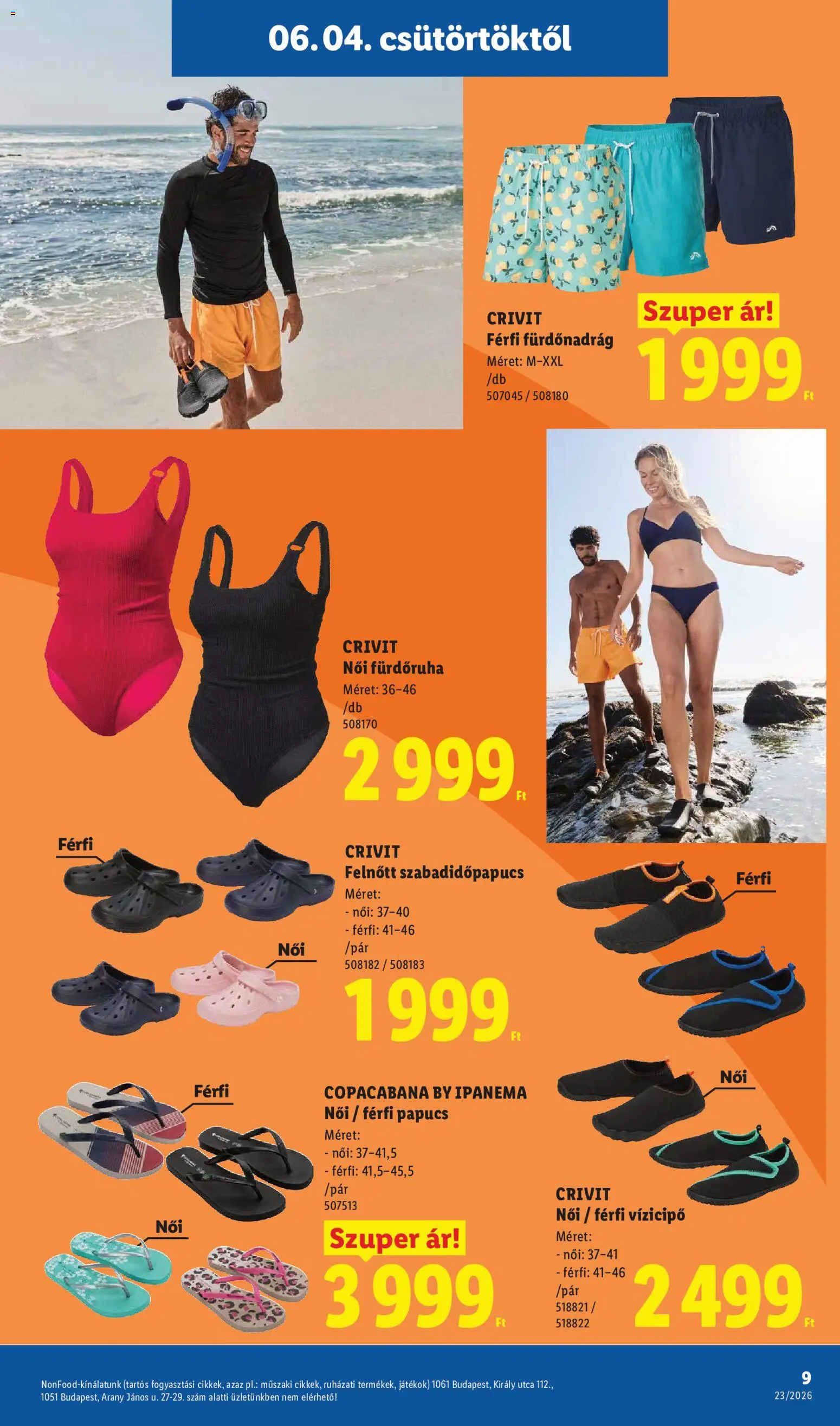 Lidl akciós ujság - amely érvényes a következő dátumtól: 04.06.2026 | Oldal: 9 | Termékek: Papucs, Ipanema, Vizicipő, Fürdőruha