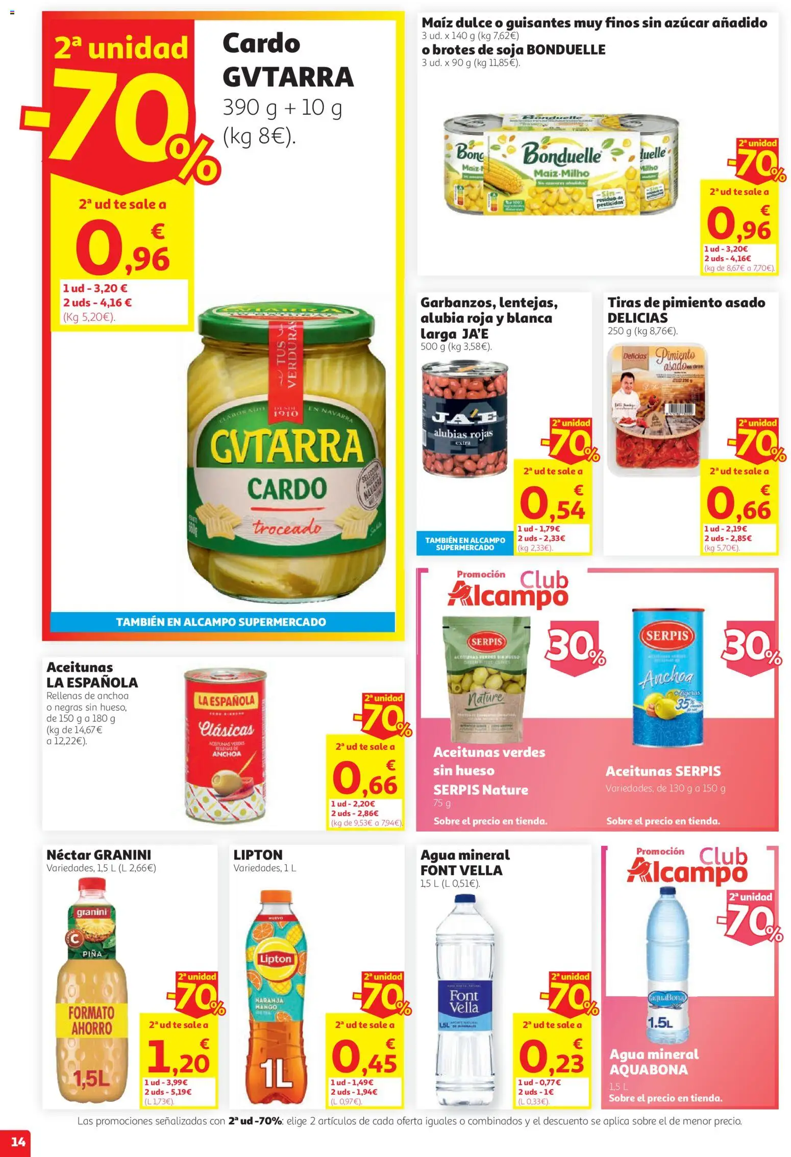 Alcampo HG Unico │ válido desde el 27/08/2026 | Página: 14 | Productos: Verduras, Piña, Té, Agua