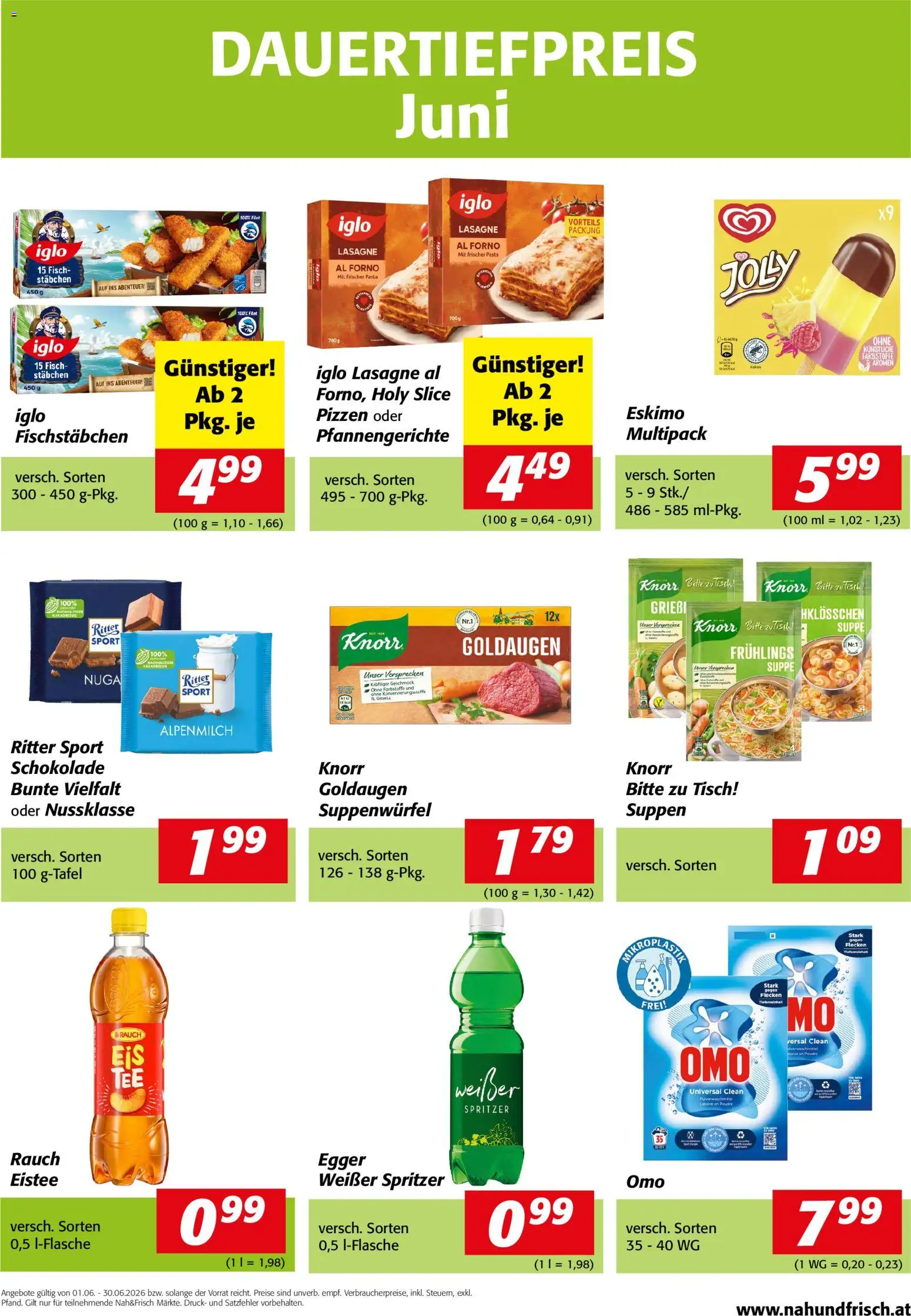 Nah und Frisch - Dauertiefpreise Juni gültig ab 01.06.2026 | Seite: 1 | Produkte: Pasta, Tisch, Schokolade, Fisch