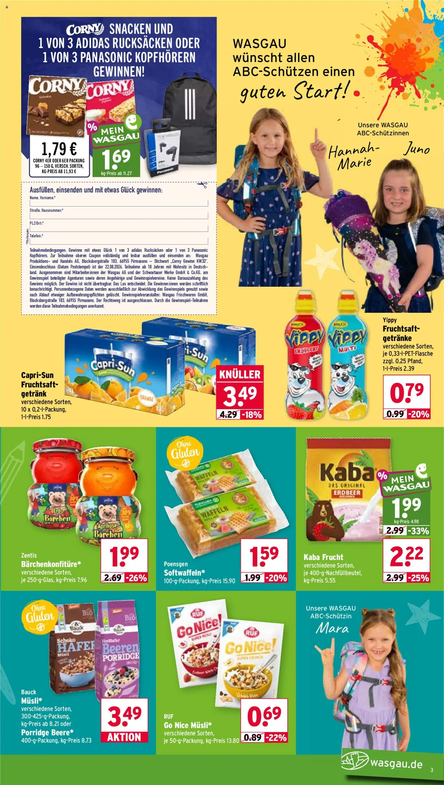 Wasgau Prospekt – gültig ab 10.08.2026 | Seite: 3 | Produkte: Panasonic, Waffeln, Fruchtsaft, Telefon