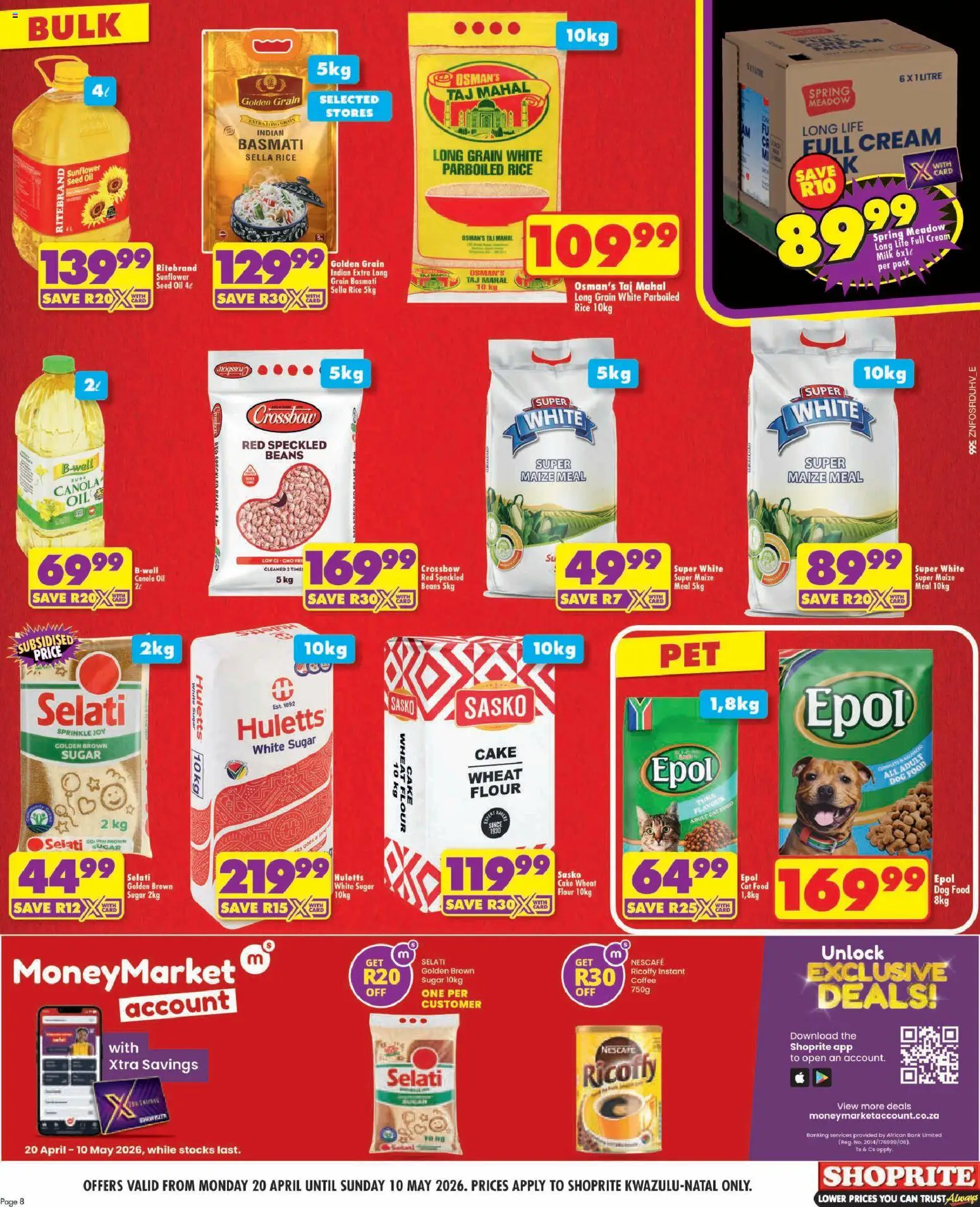 New Shoprite catalogue – valid from 20.04.2026 | Page: 8 | Products: Cake, Beans, Maize meal, Rice