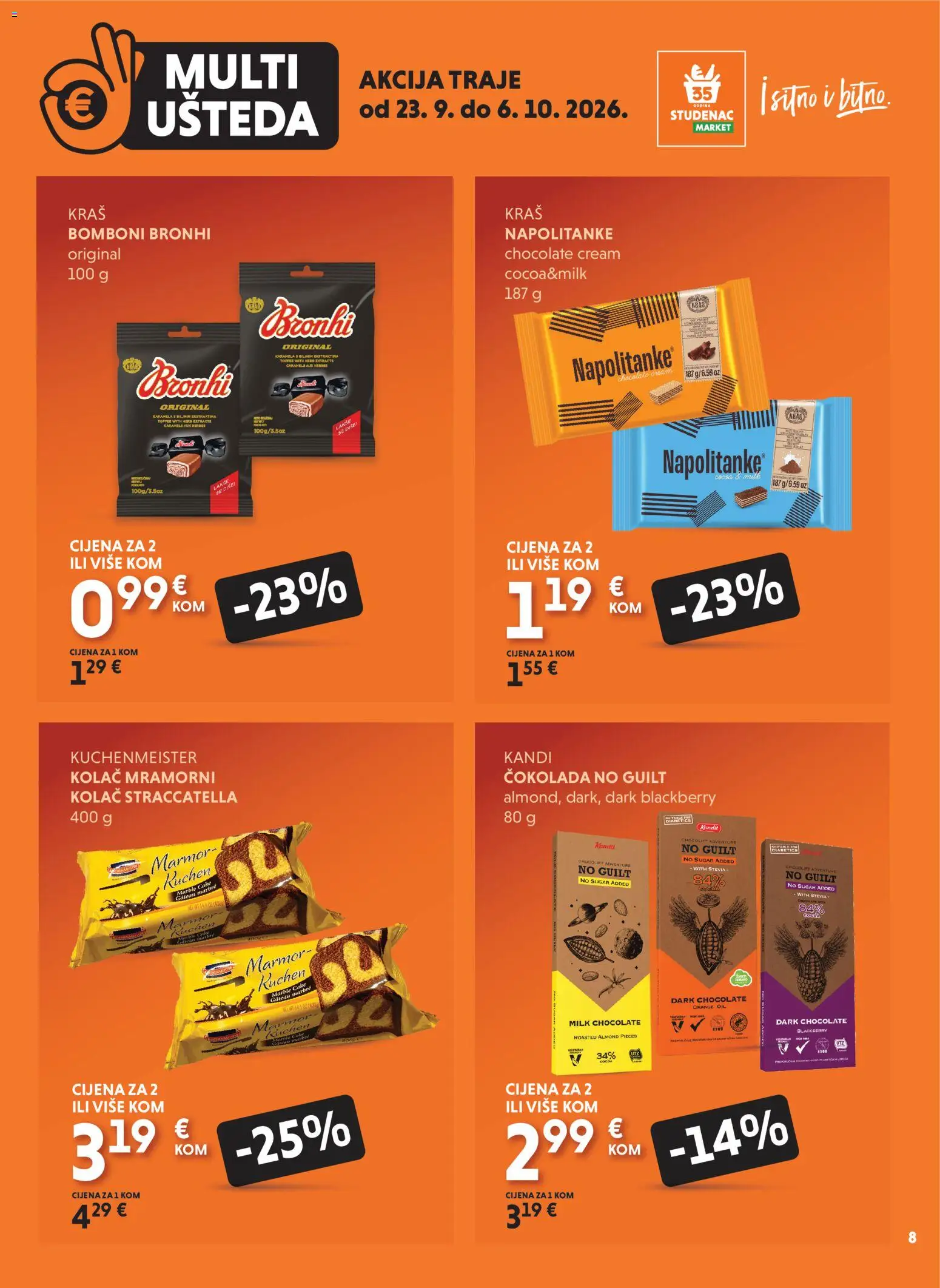 Studenac katalog | vrijedi od 23.09.2026 | Stranica: 8 | Proizvodi: Čokolada, Bomboni, Napolitanke, Kolac