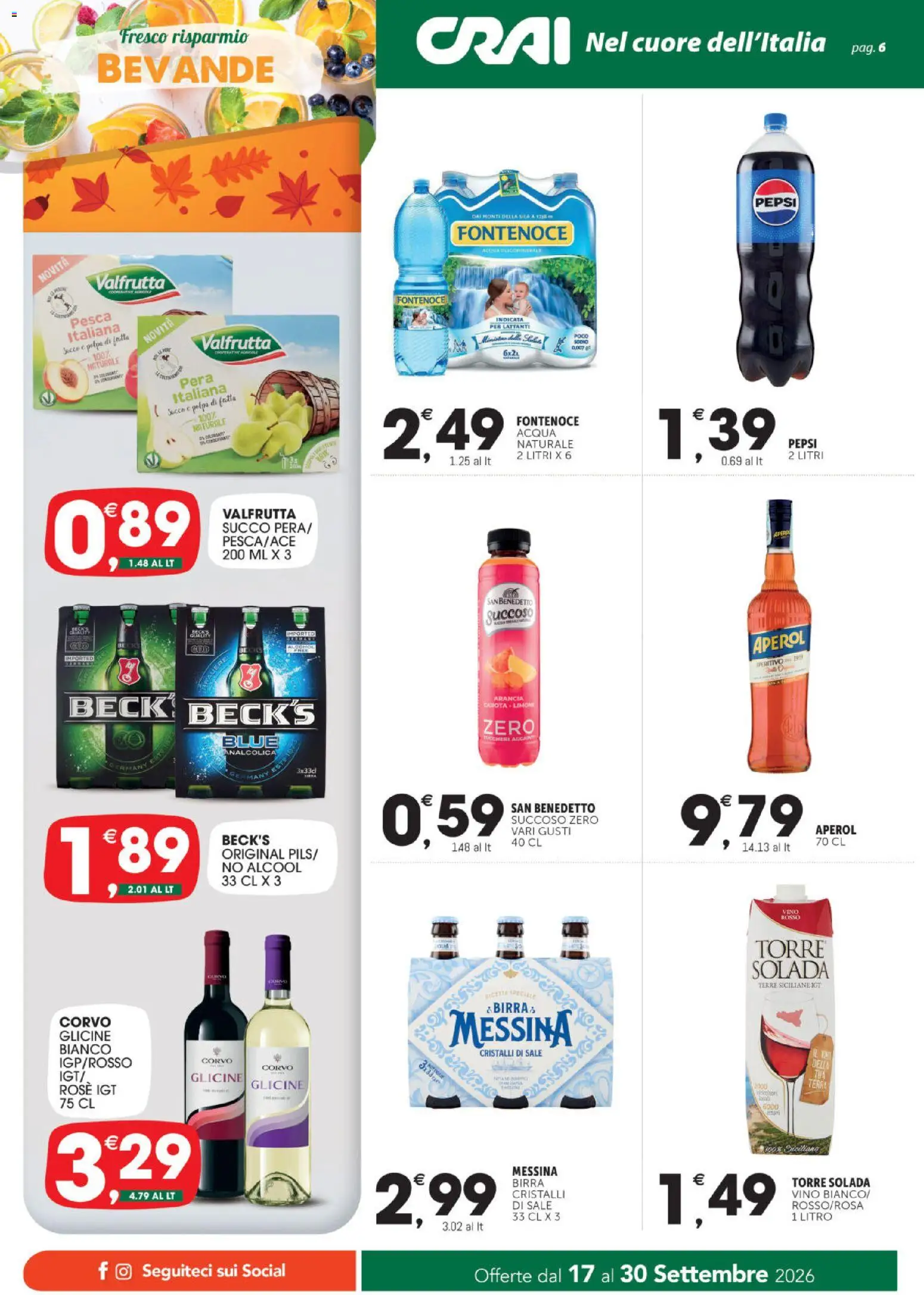 Volantino CRAI del 17/09/2026 | Pagina: 6 | Prodotti: Succo, Pesca, Acqua naturale, Aperol