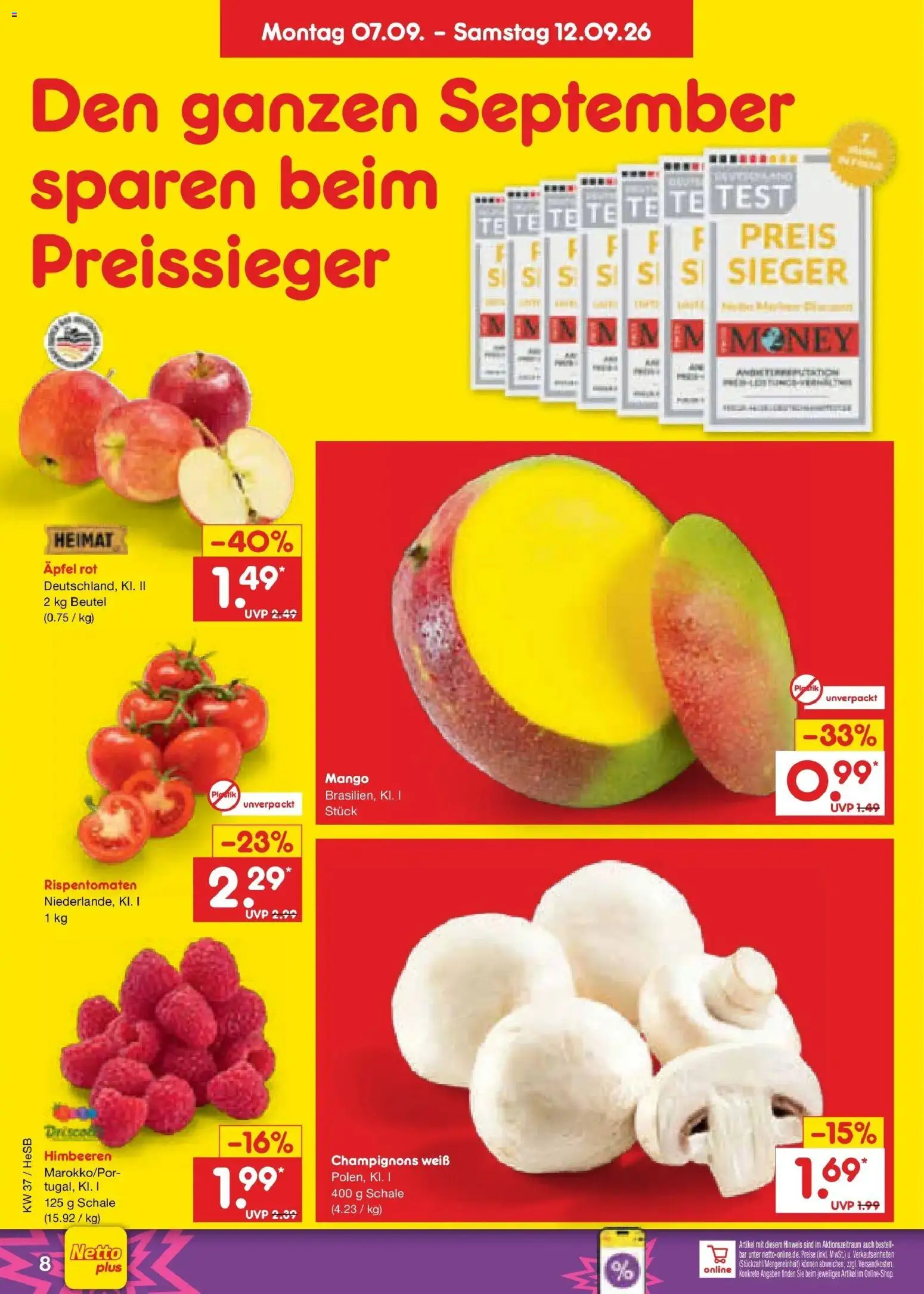 Netto Marken-Discount Prospekt Hamburg – gültig ab 07.09.2026 | Seite: 14 | Produkte: Himbeeren, Äpfel, Champignons, Mango
