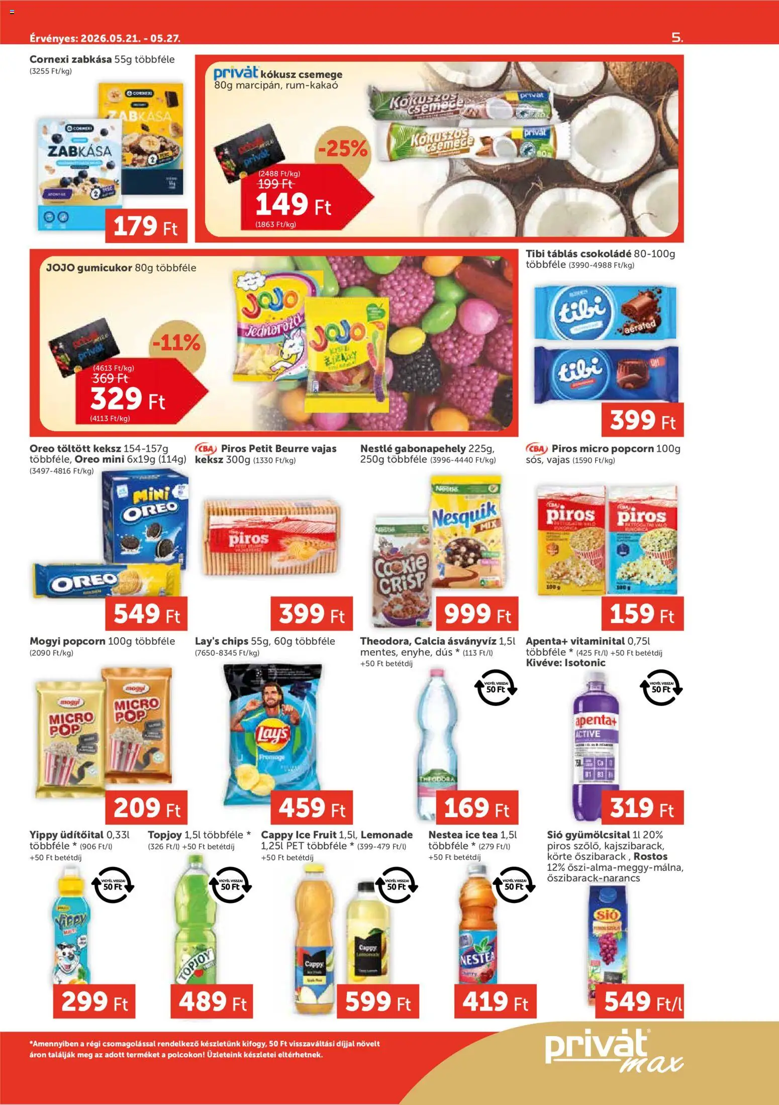 PRIVÁT akciós ujság - amely érvényes a következő dátumtól: 21.05.2026 | Oldal: 5 | Termékek: Körte, Gyümölcsital, Nesquik, Tea